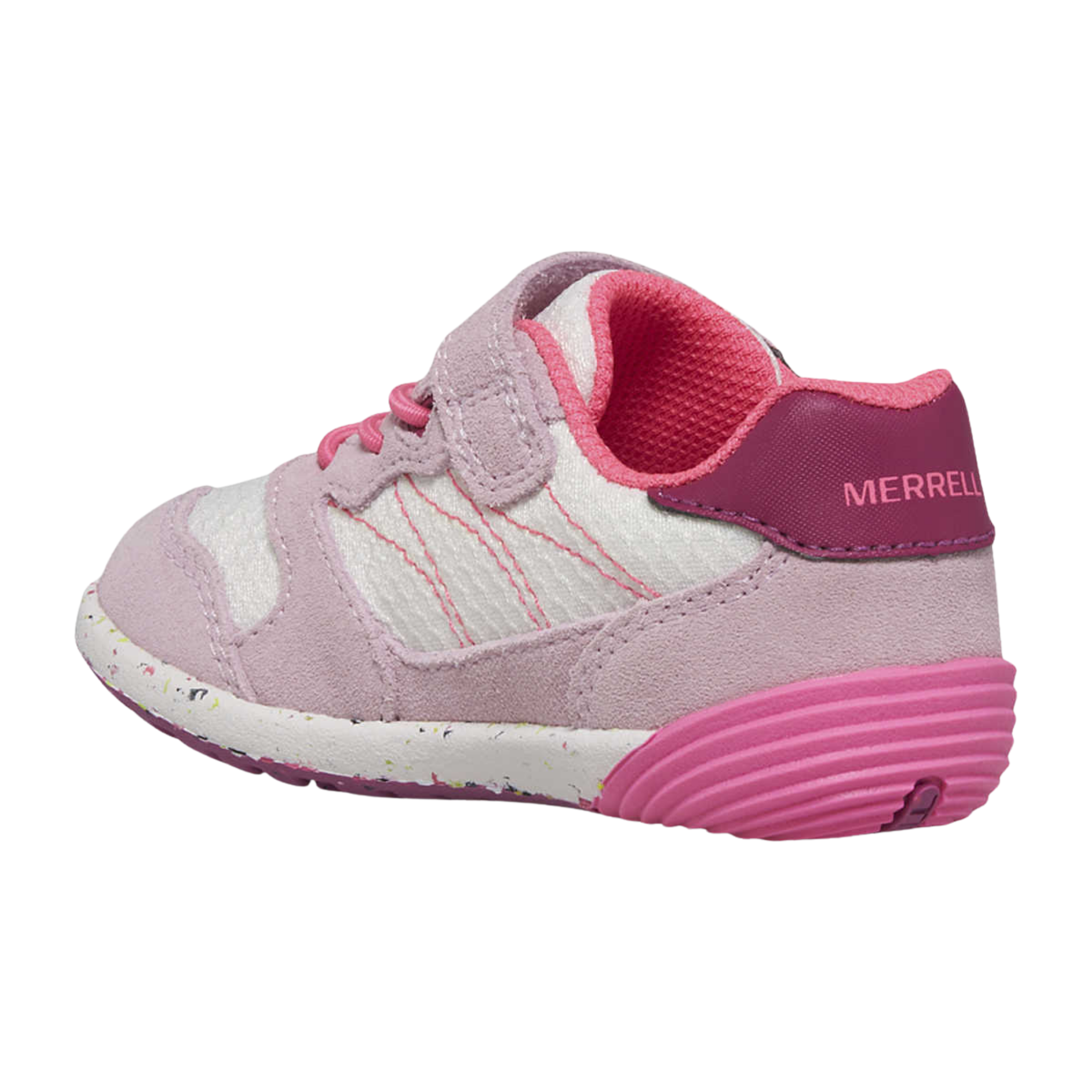 Rear view of Merrell Bare Steps A83 Toddler Sneaker in Lilac Pastel with durable upper and rounded flexible outsole construction