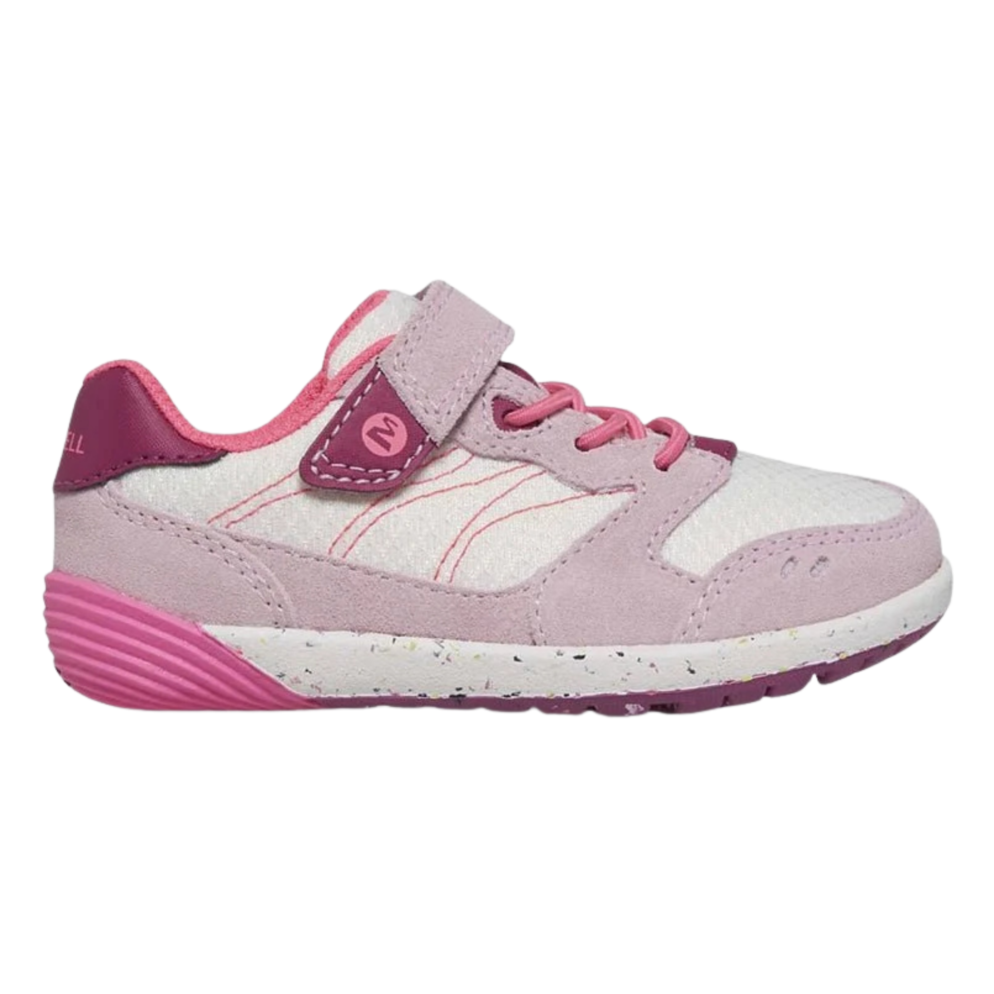 Side view of Merrell Bare Steps A83 Toddler Sneaker in Lilac Pastel with premium leather and mesh upper, flexible sole and easy hook-and-loop closure