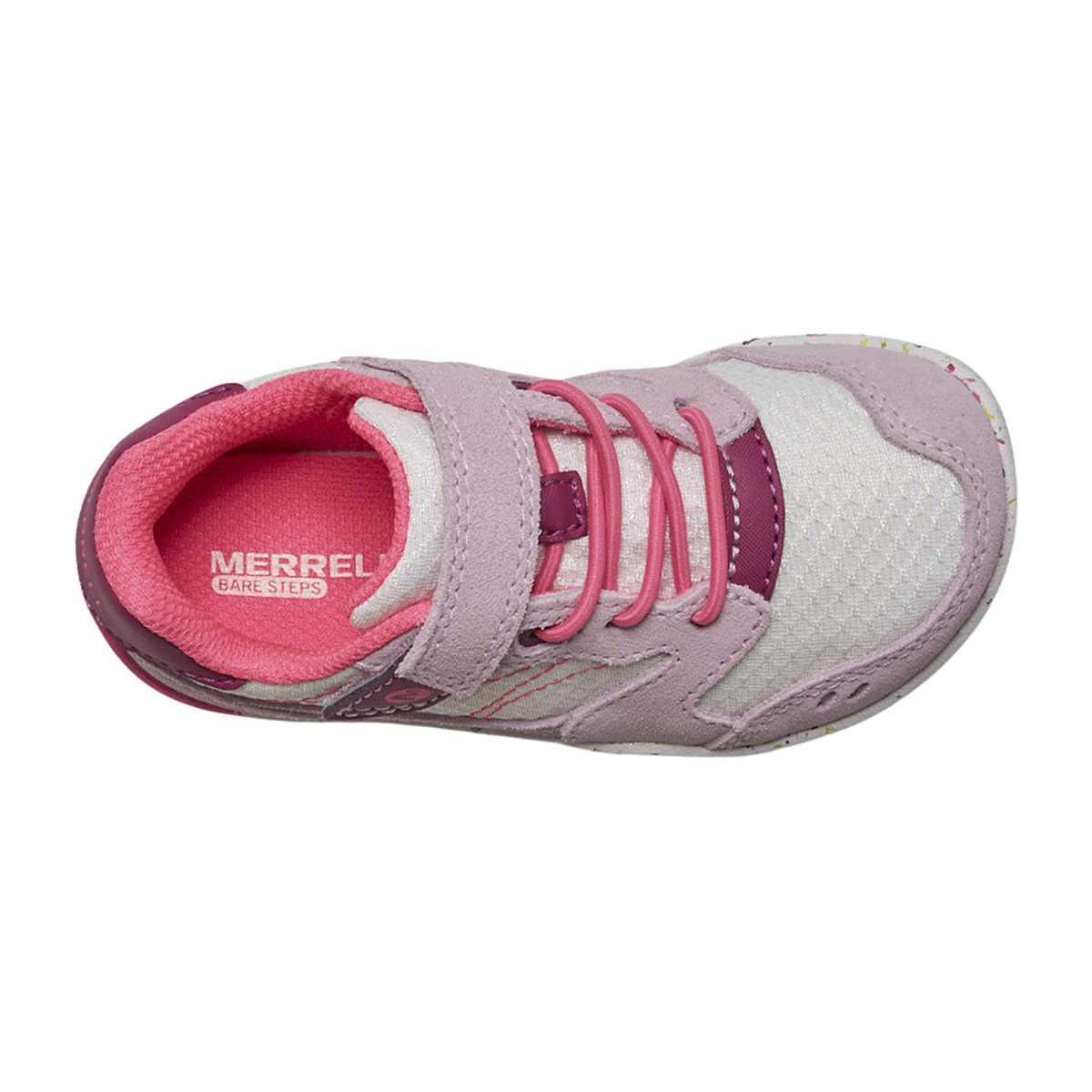 Top view of Merrell Bare Steps A83 Toddler Sneaker in Lilac Pastel showing extra-wide toe box and adjustable hook-and-loop closure