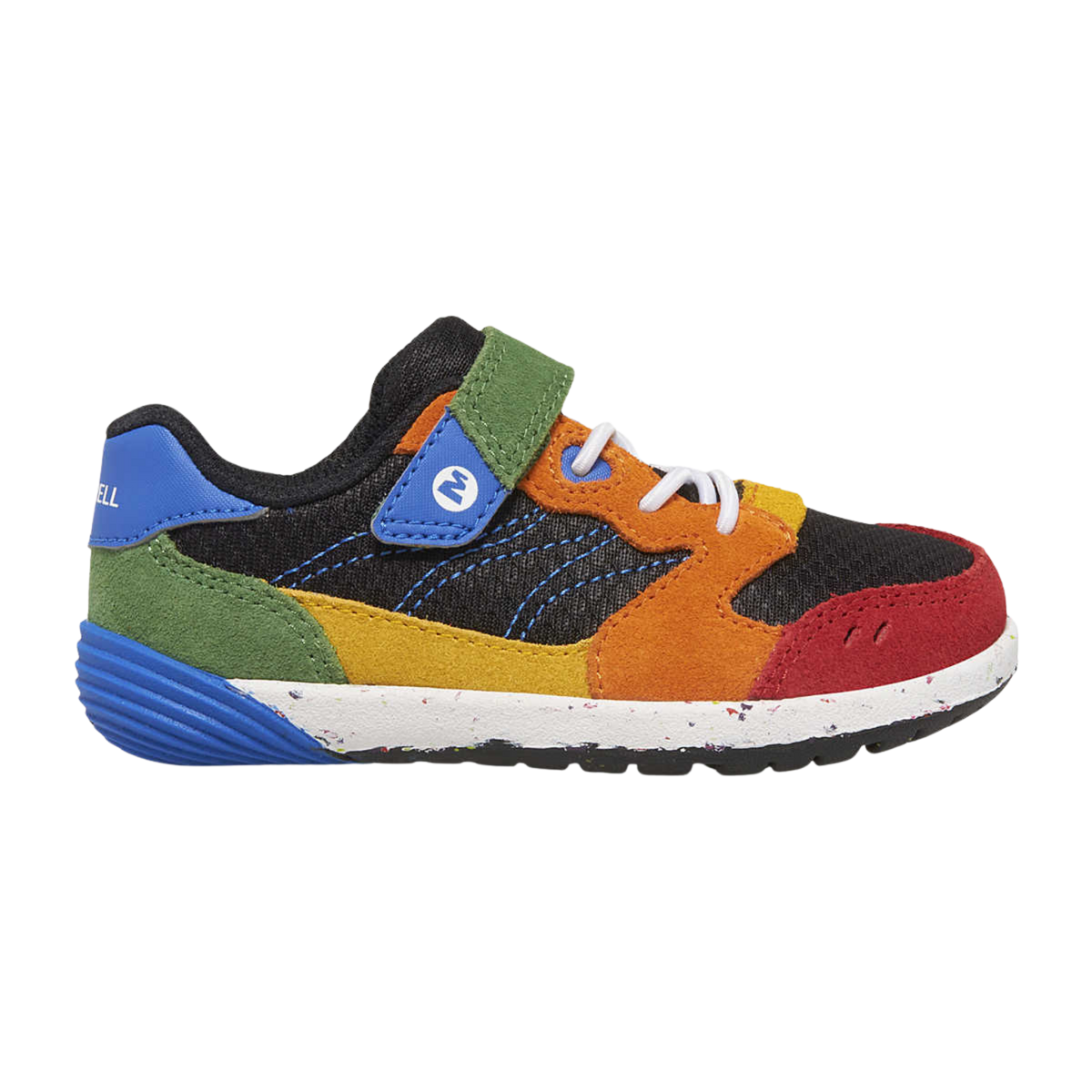 Merrell Bare Steps A83 Toddler Sneakers in Multi color with extra-wide toe box, leather and mesh upper, hook-and-loop closure and flexible rubber outsole