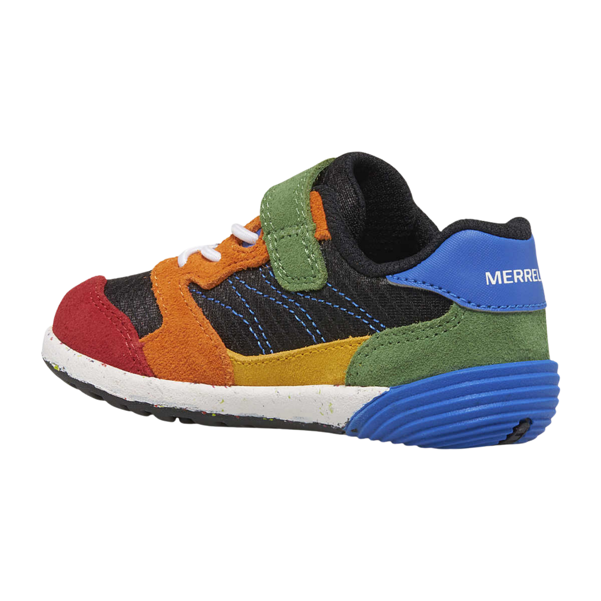 Rear view of Merrell Bare Steps A83 Toddler Sneaker in Multi color with durable upper and rounded flexible outsole construction