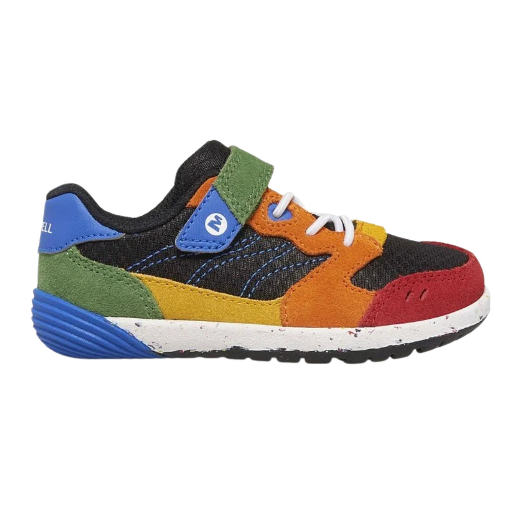 Side view of Merrell Bare Steps A83 Toddler Sneaker in Multi color with premium leather and mesh upper, flexible sole and easy hook-and-loop closure