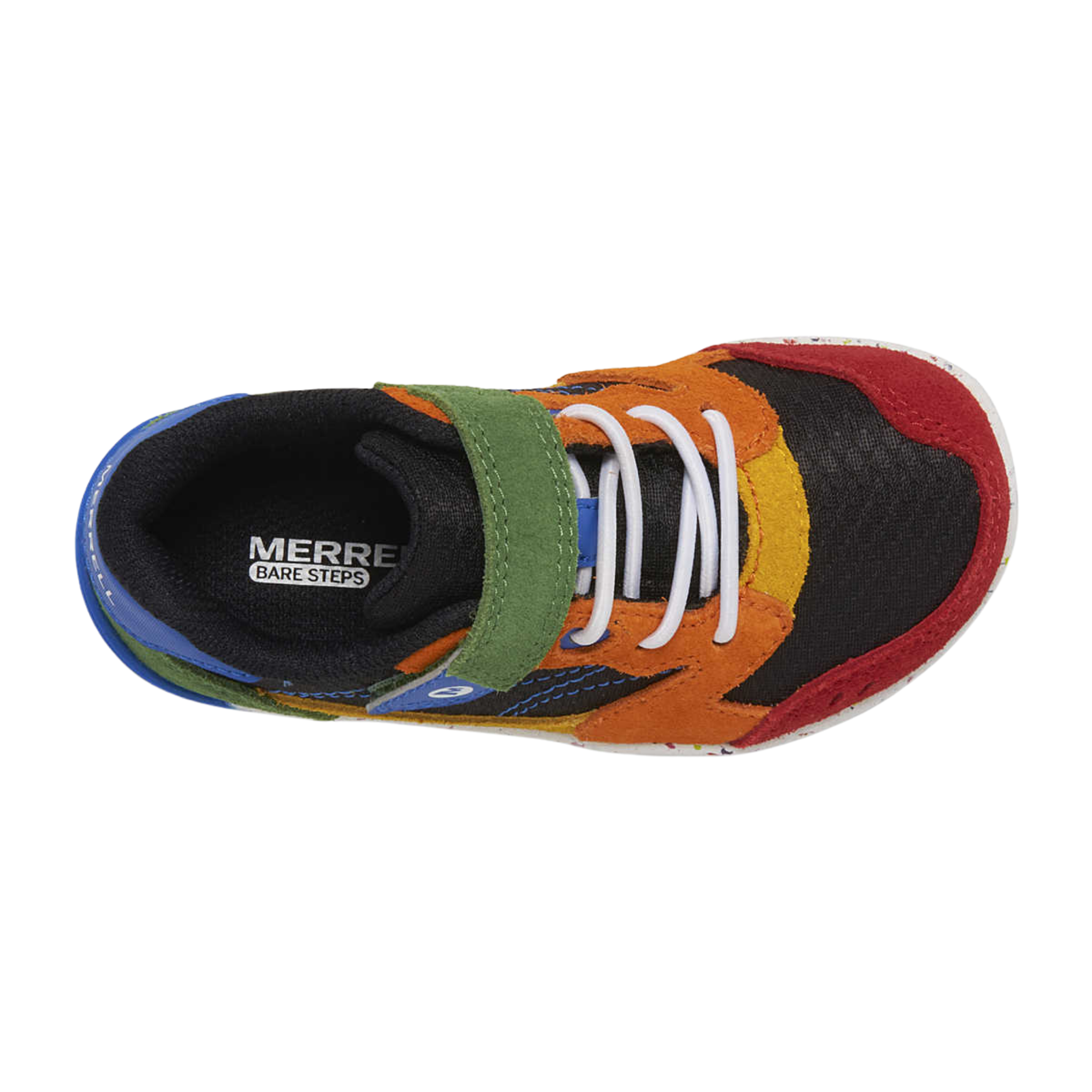Top view of Merrell Bare Steps A83 Toddler Sneaker in Multi color showing extra-wide toe box and adjustable hook-and-loop closure