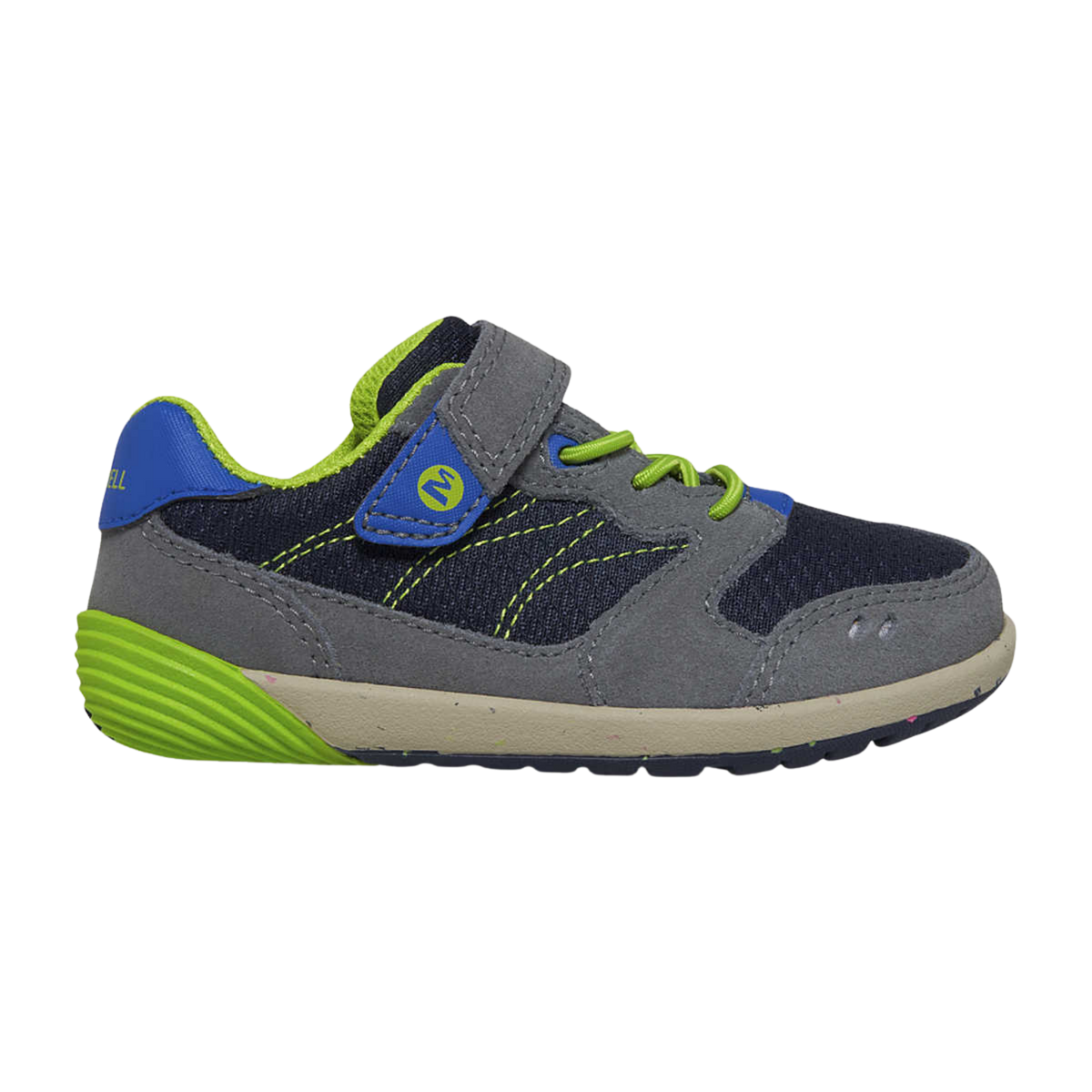 Merrell Bare Steps A83 Toddler Sneakers in Navy / Green with extra-wide toe box, leather and mesh upper, hook-and-loop closure and flexible rubber outsole