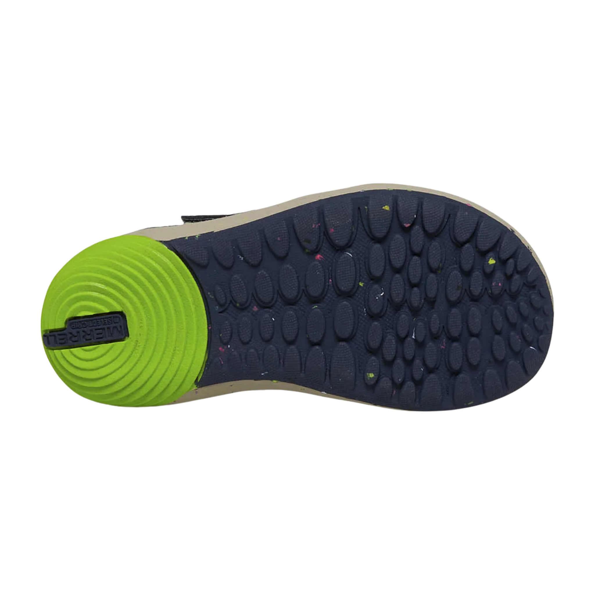 Merrell Bare Steps A83 Toddler Sneaker in Navy / Green with  lightweight non-marking rubber outsole and 20% recycled rubber and extra grip