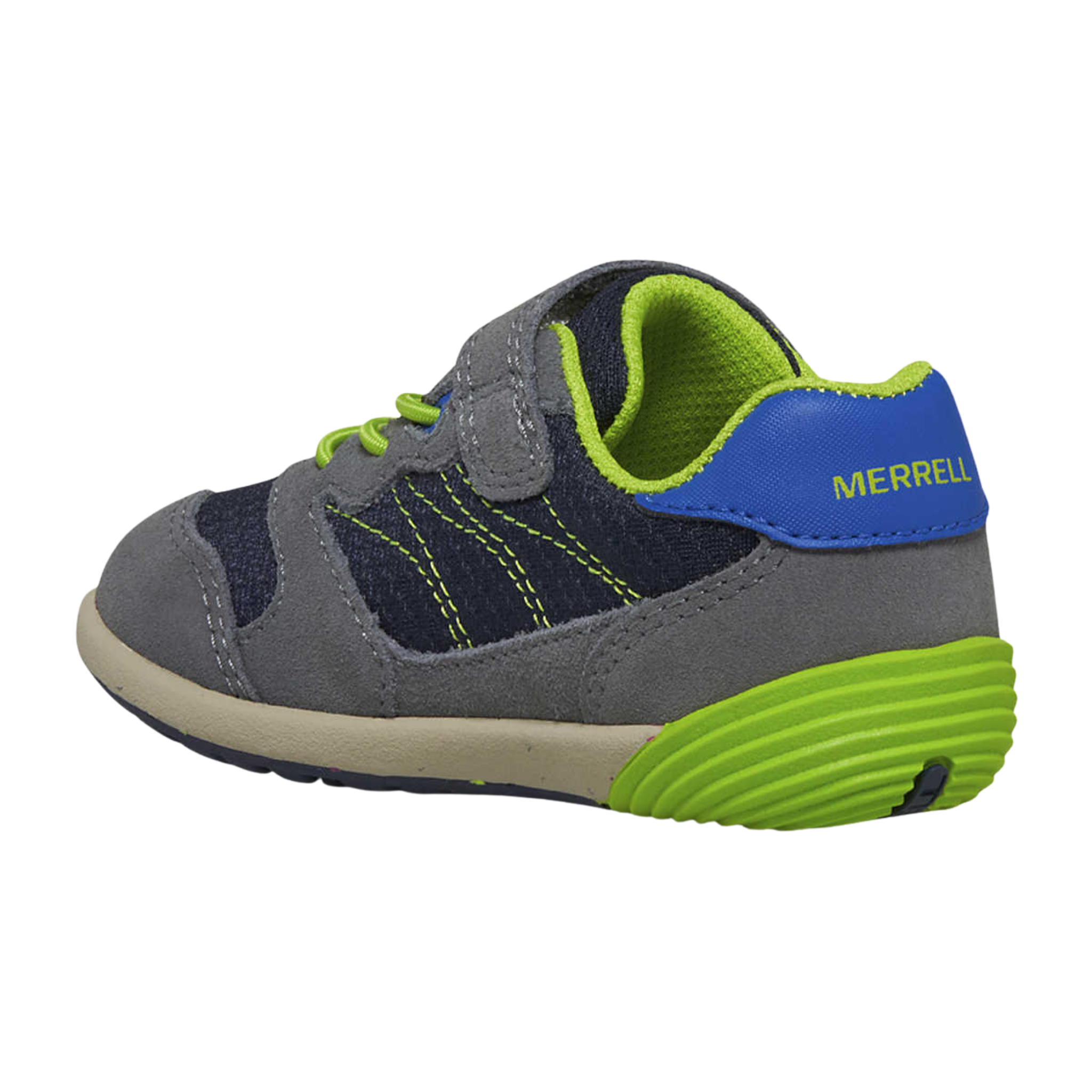 Rear view of Merrell Bare Steps A83 Toddler Sneaker in Navy / Green with durable upper and rounded flexible outsole construction