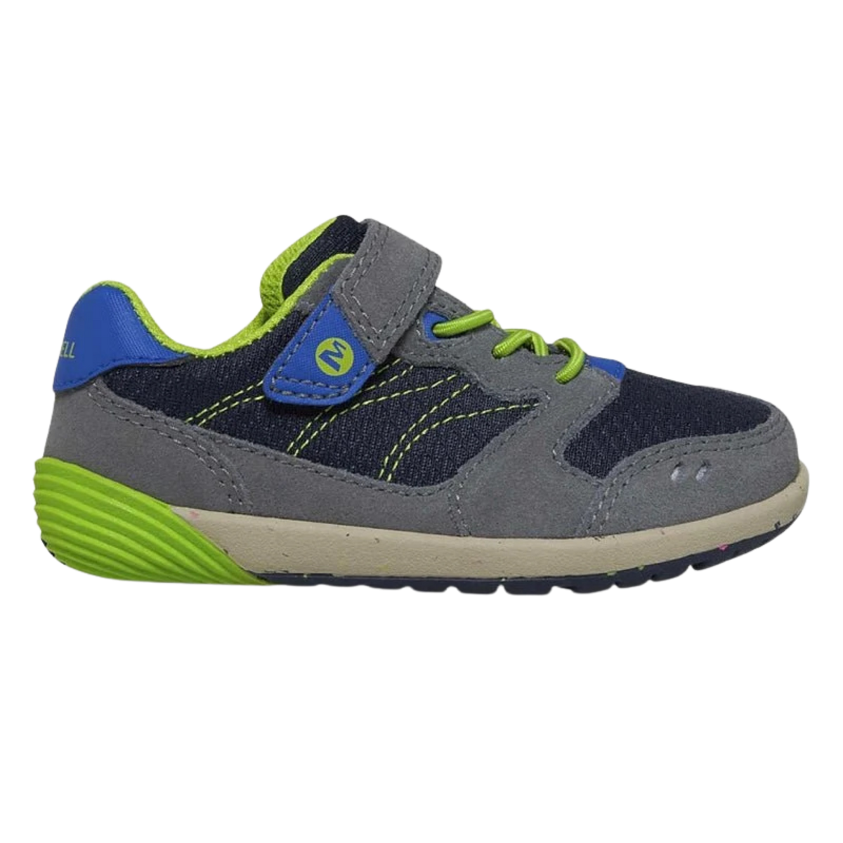Side view of Merrell Bare Steps A83 Toddler Sneaker in Navy / Green with premium leather and mesh upper, flexible sole and easy hook-and-loop closure