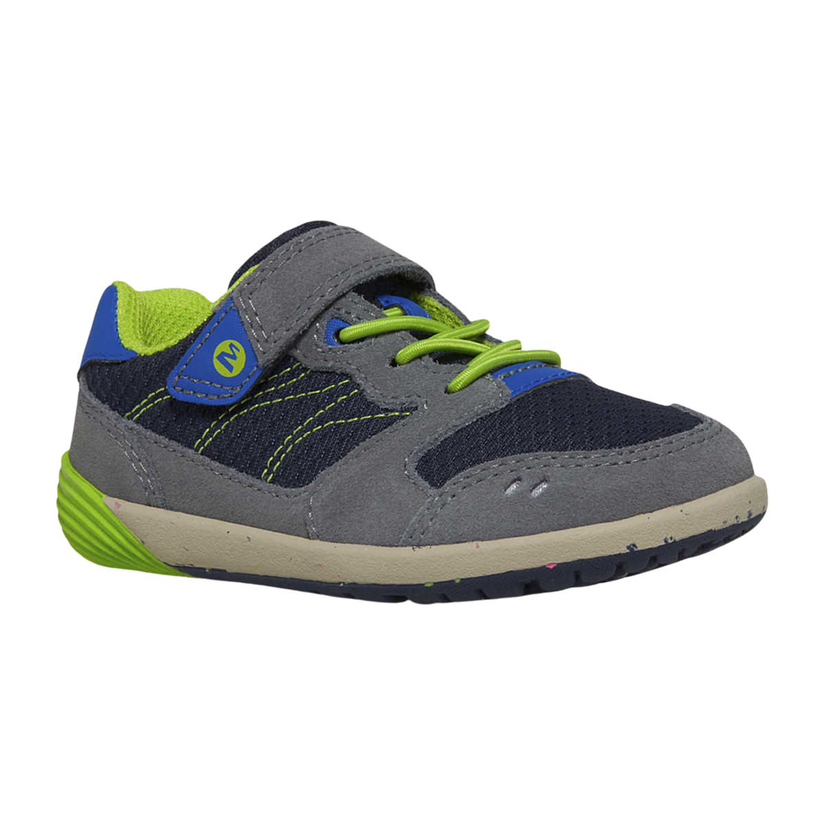 Merrell Bare Steps A83 Toddler Sneaker in Navy / Green with extra-wide toe box and rounded outsole edges designed for developing feet