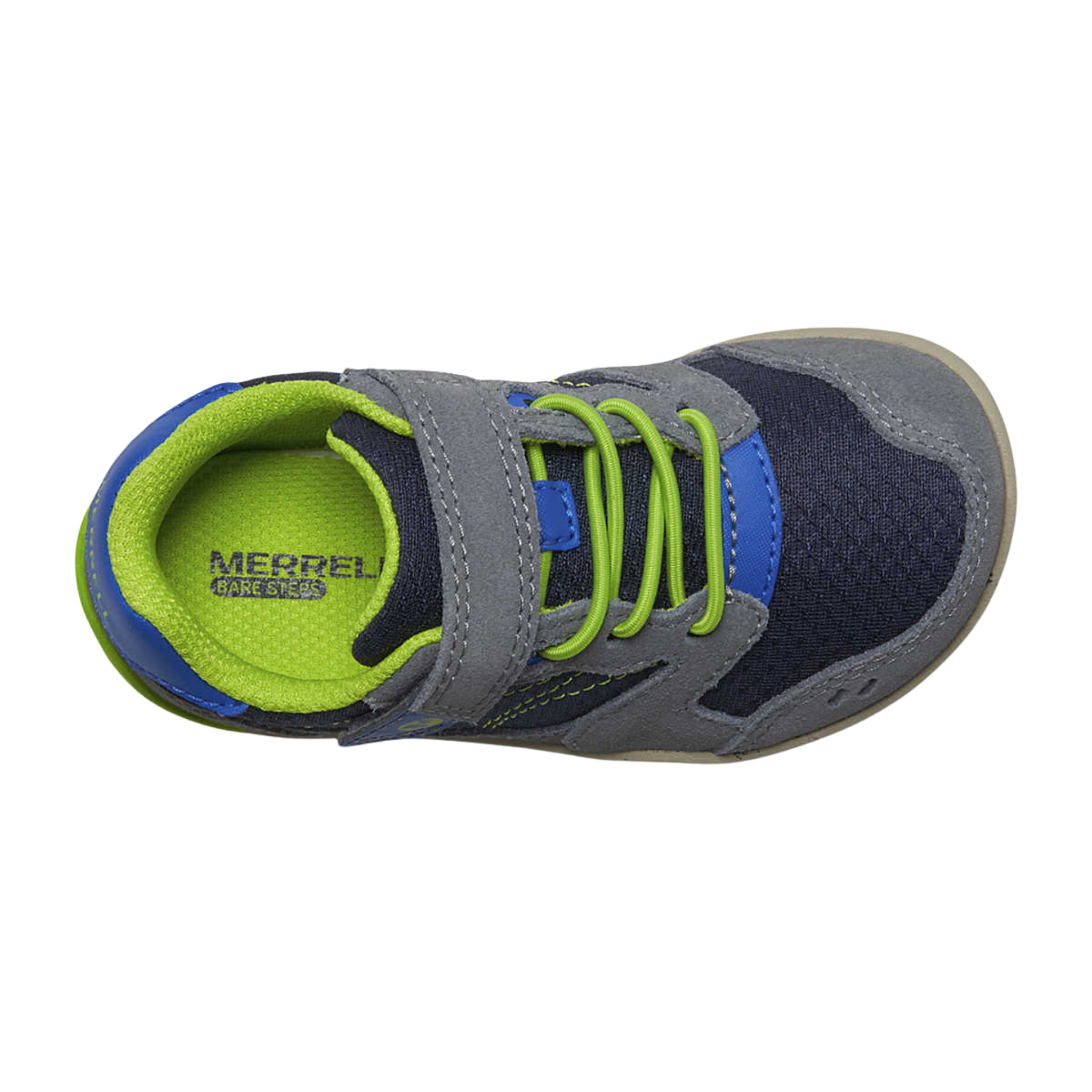 Top view of Merrell Bare Steps A83 Toddler Sneaker in Navy / Green showing extra-wide toe box and adjustable hook-and-loop closure