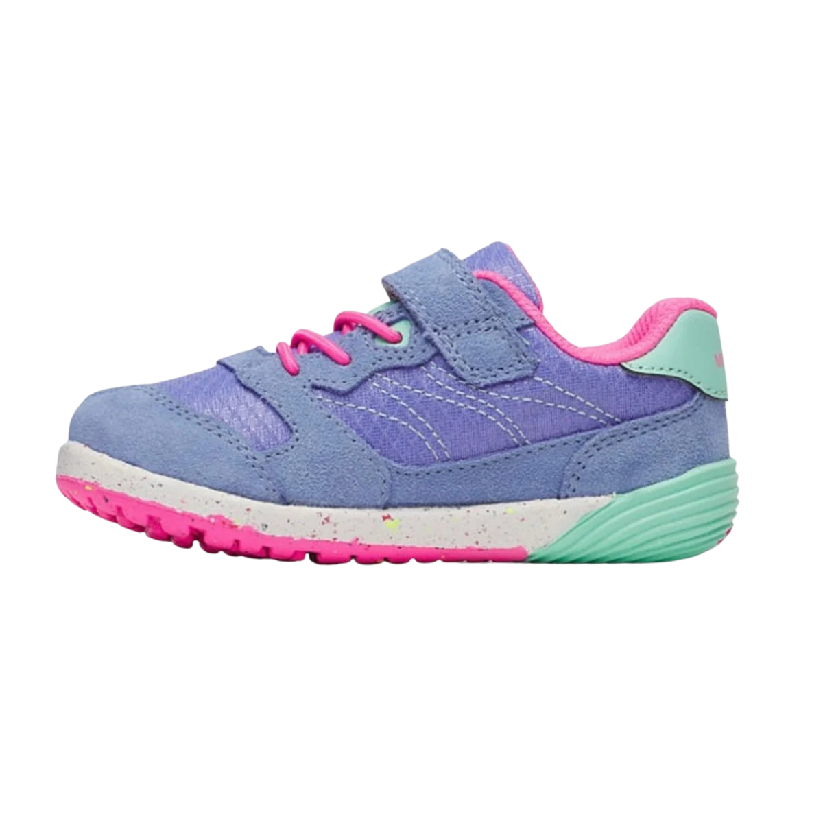Side view of Merrell Bare Steps A83 Toddler Sneaker in Periwinkle with premium leather and mesh upper, flexible sole and easy hook-and-loop closure