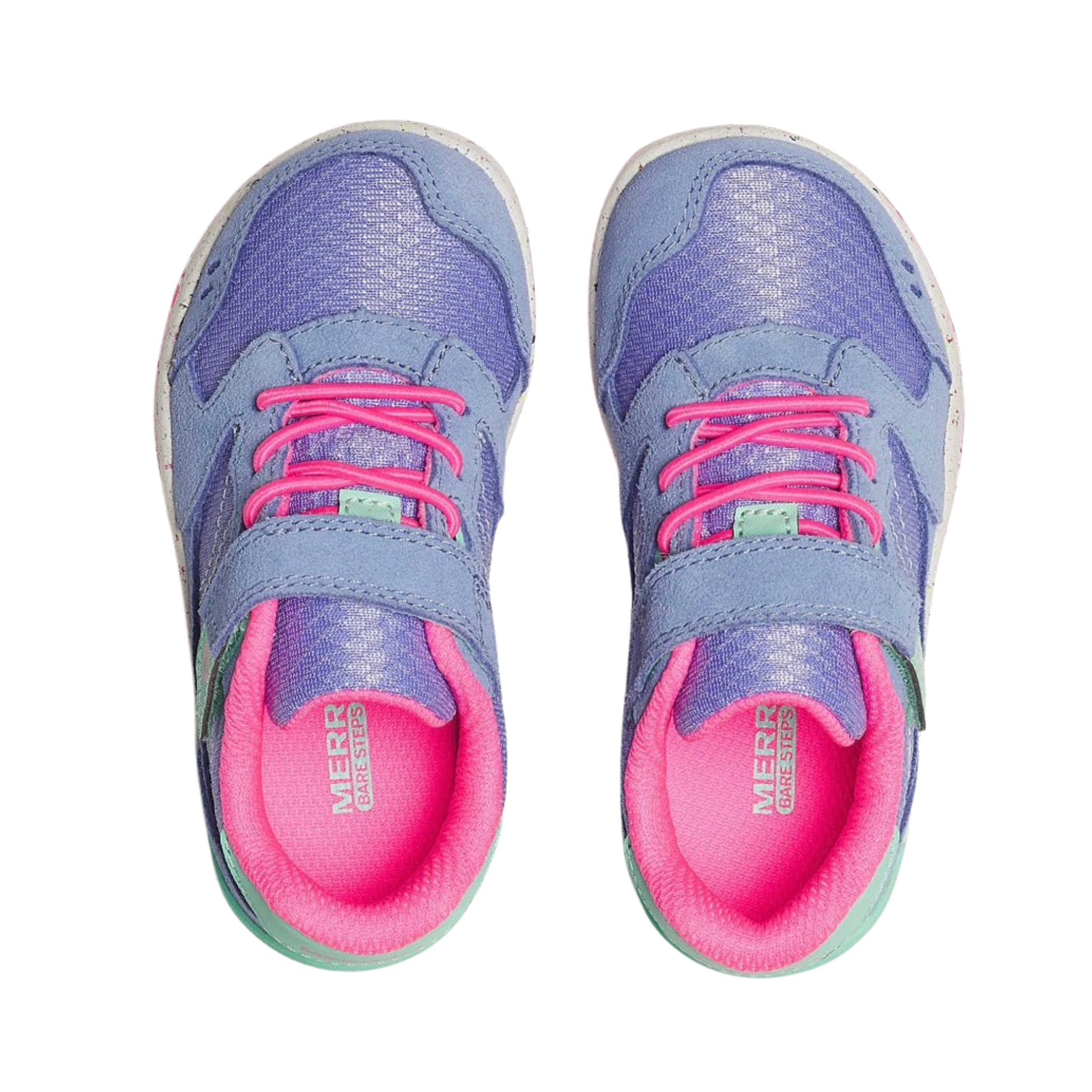 Top view of Merrell Bare Steps A83 Toddler Sneaker in Periwinkle showing extra-wide toe box and adjustable hook-and-loop closure