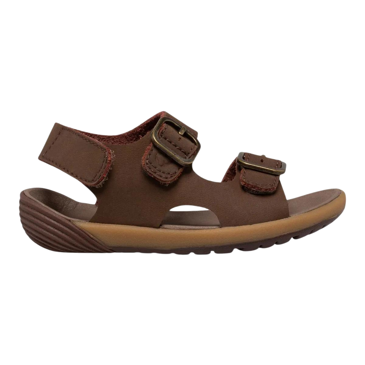 Merrell Bare Steps Toddler Sandals in Brown with extra-wide toe shape, soft leather upper, adjustable closure and flexible recycled-content outsole