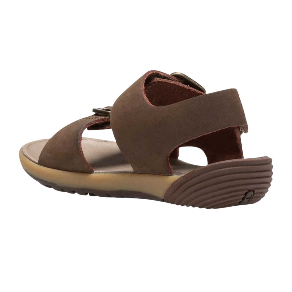 Rear view of Merrell Bare Steps Toddler Sandals in Brown with soft unlined leather uppers and flexible toddler-friendly construction