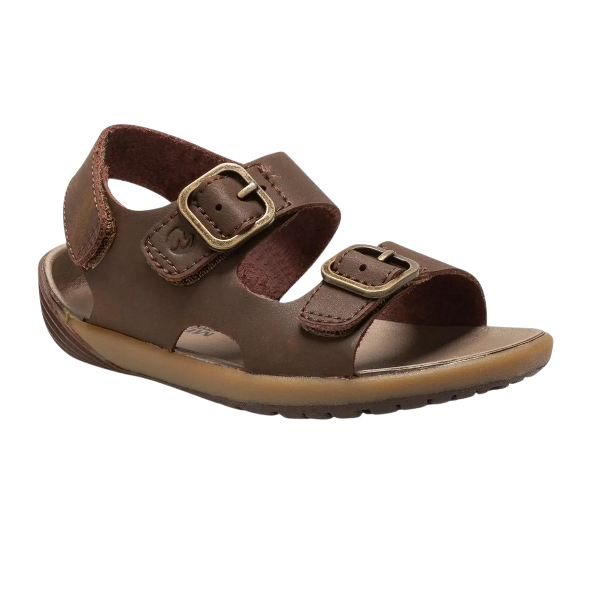 Side view of Merrell Bare Steps Toddler Sandal in Brown with premium soft leather upper, adjustable closure and flexible rounded outsole