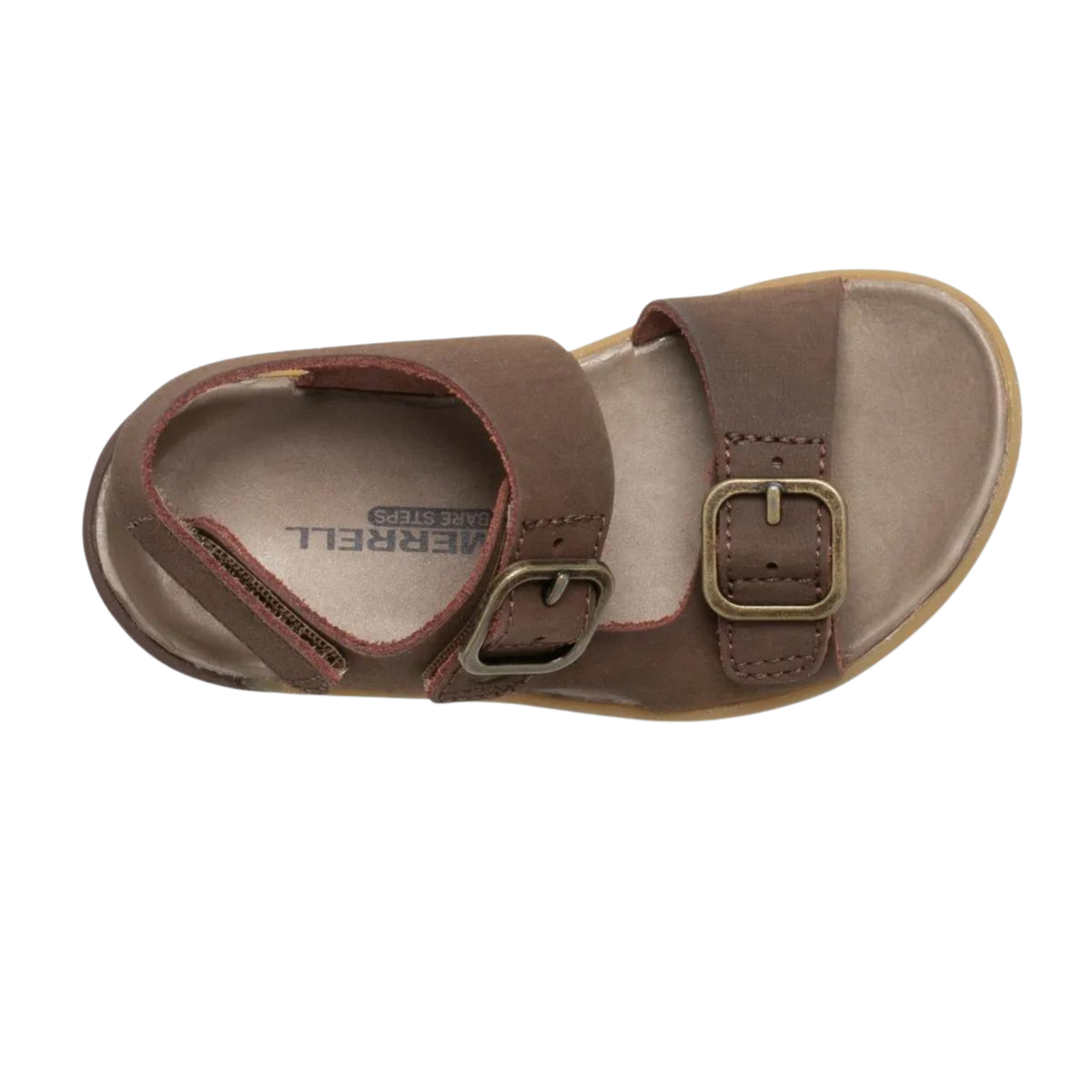 Top view of Merrell Bare Steps Toddler Sandal in Brown showing extra-wide toe shape and adjustable closure for a secure comfortable fit