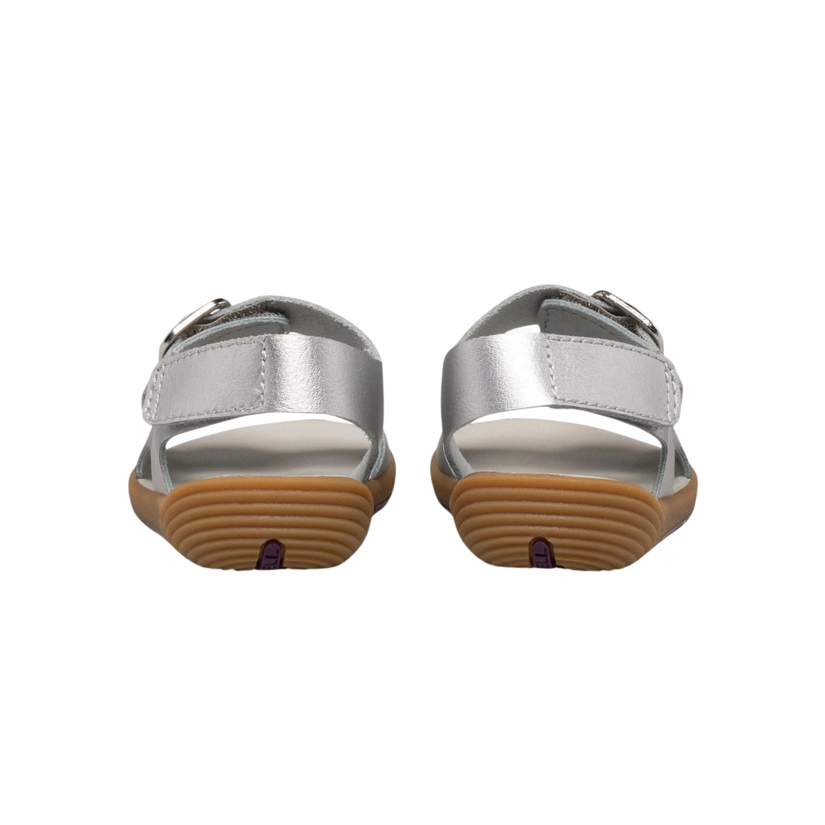 Rear view of Merrell Bare Steps Toddler Sandals in Silver / Argento with soft unlined leather uppers and flexible toddler-friendly construction