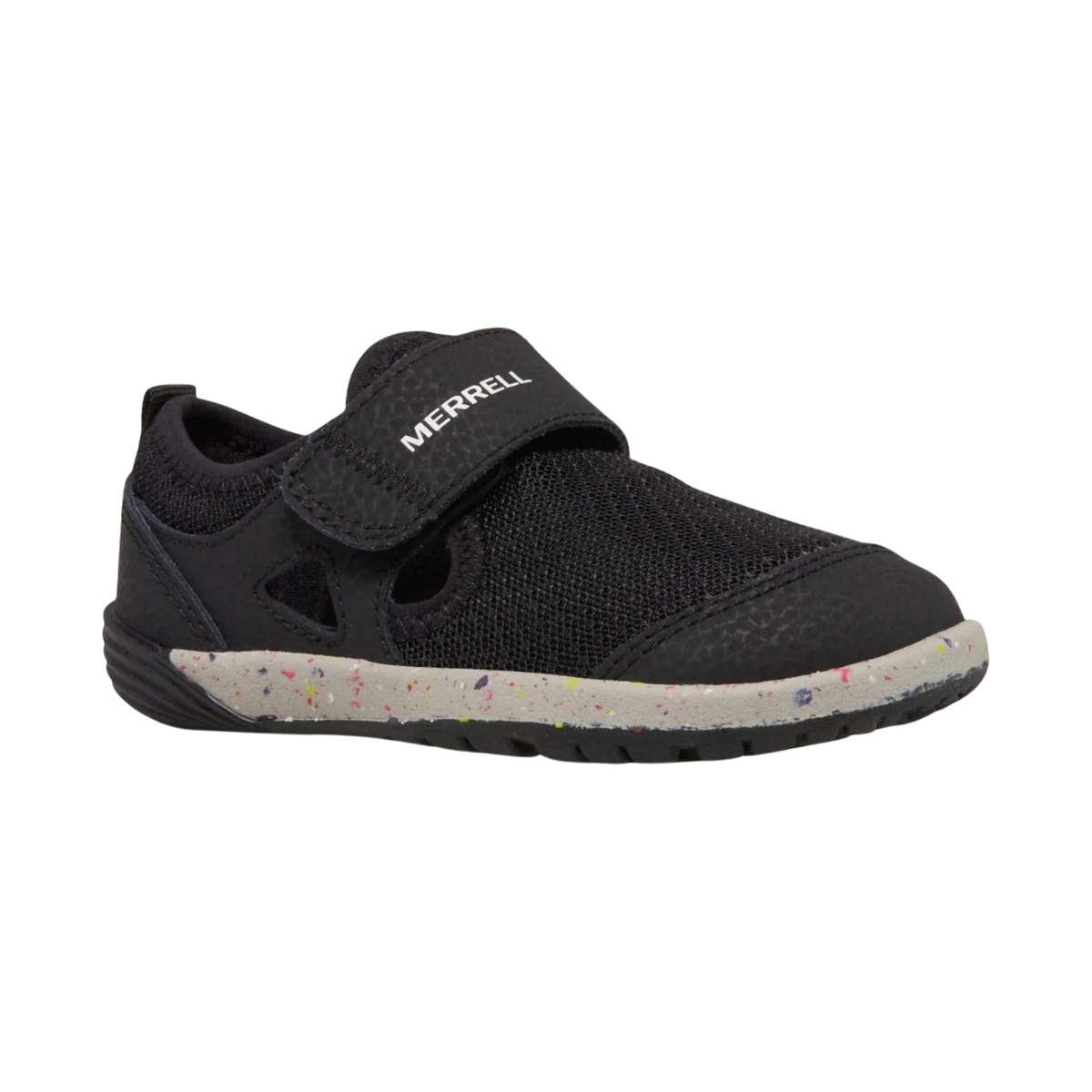Side view of Merrell Bare Steps Toddler Water Shoe in Black with rounded outsole edges, flexible construction and barefoot-inspired design