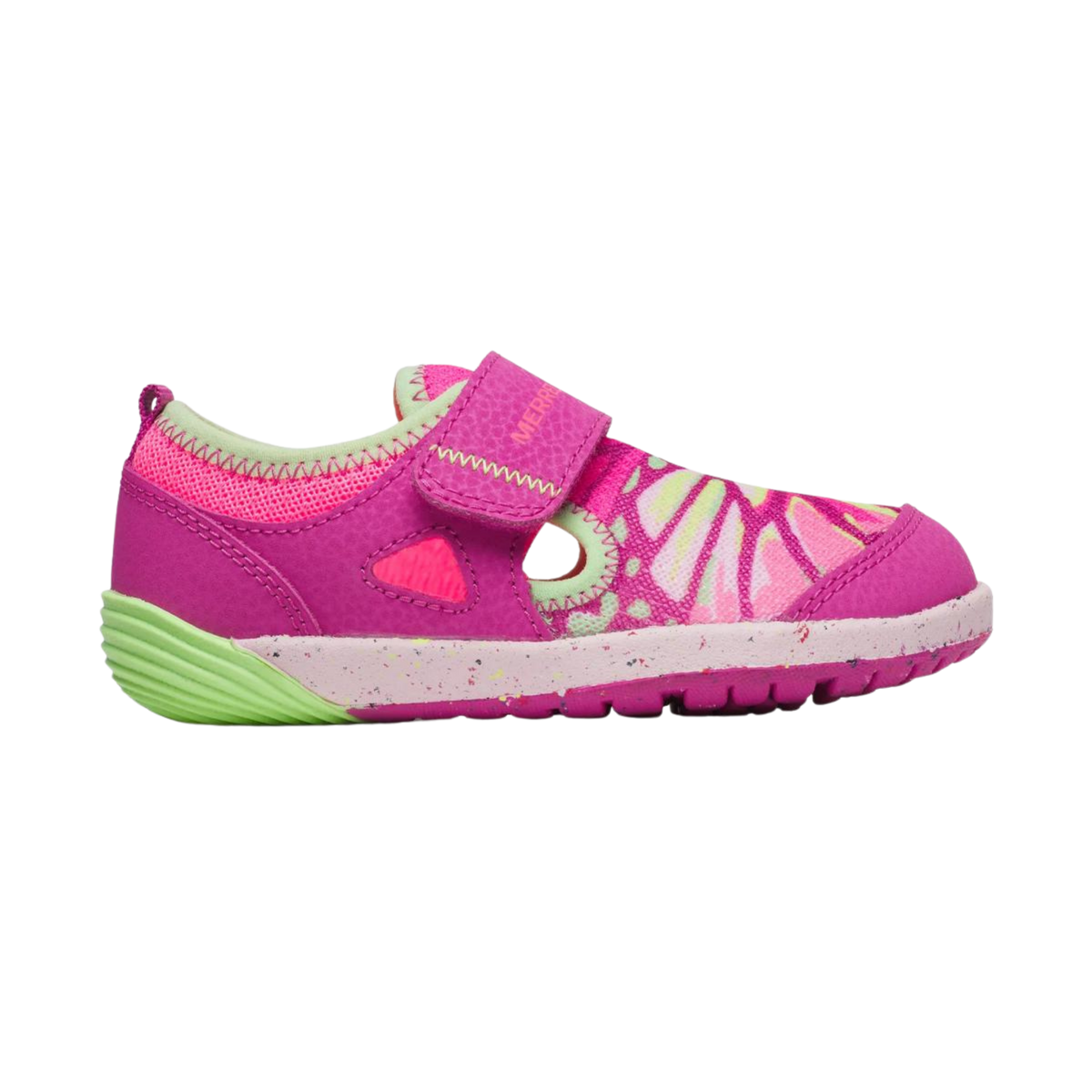Merrell Bare Steps Toddler Water Shoes in Butterfly design with extra-wide toe box, flexible barefoot feel, easy closure and recycled rubber outsole