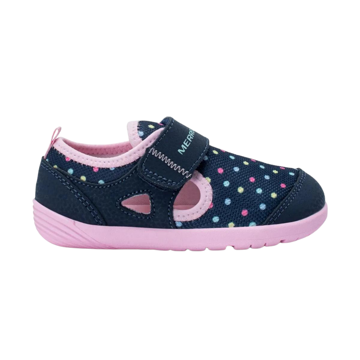 Merrell Bare Steps Toddler Water Shoes in Navy / Multi with extra-wide toe box, flexible barefoot feel, easy closure and recycled rubber outsole