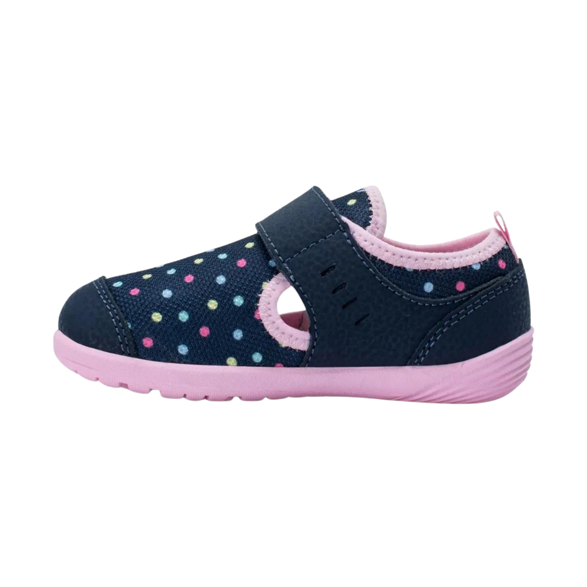 Side view of Merrell Bare Steps Toddler Water Shoe in Navy / Multi with rounded outsole edges, flexible construction and barefoot-inspired design