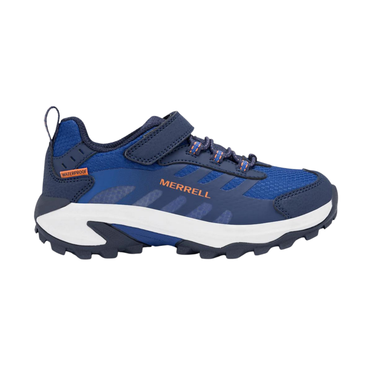 Merrell Big Kids Moab Speed 2 Low A/C Waterproof shoes in Blue / Navy with waterproof membrane, synthetic mesh upper, EVA midsole and grippy outsole