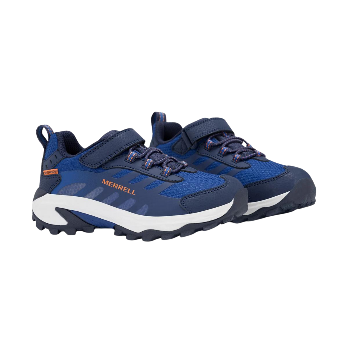 Front view of Merrell Big Kids Moab Speed 2 Waterproof shoes in Blue / Navy with elastic laces, hook-and-loop closure and breathable mesh uppers