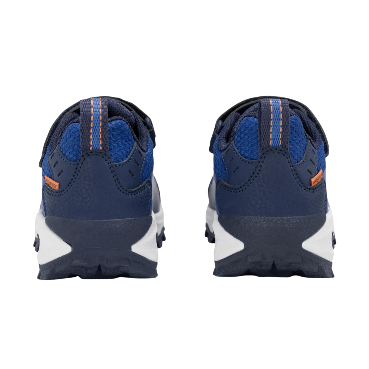 Rear view of Merrell Big Kids Moab Speed 2 Waterproof shoes in Blue / Navy with durable synthetic construction and flexible grippy outsoles