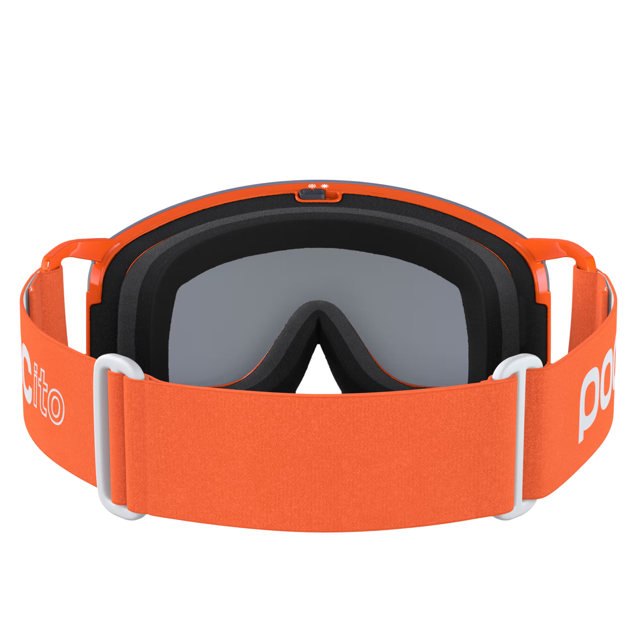 POCito Nexal Fluorescent ski goggles strap detail designed for a secure comfortable fit with a ski helmet