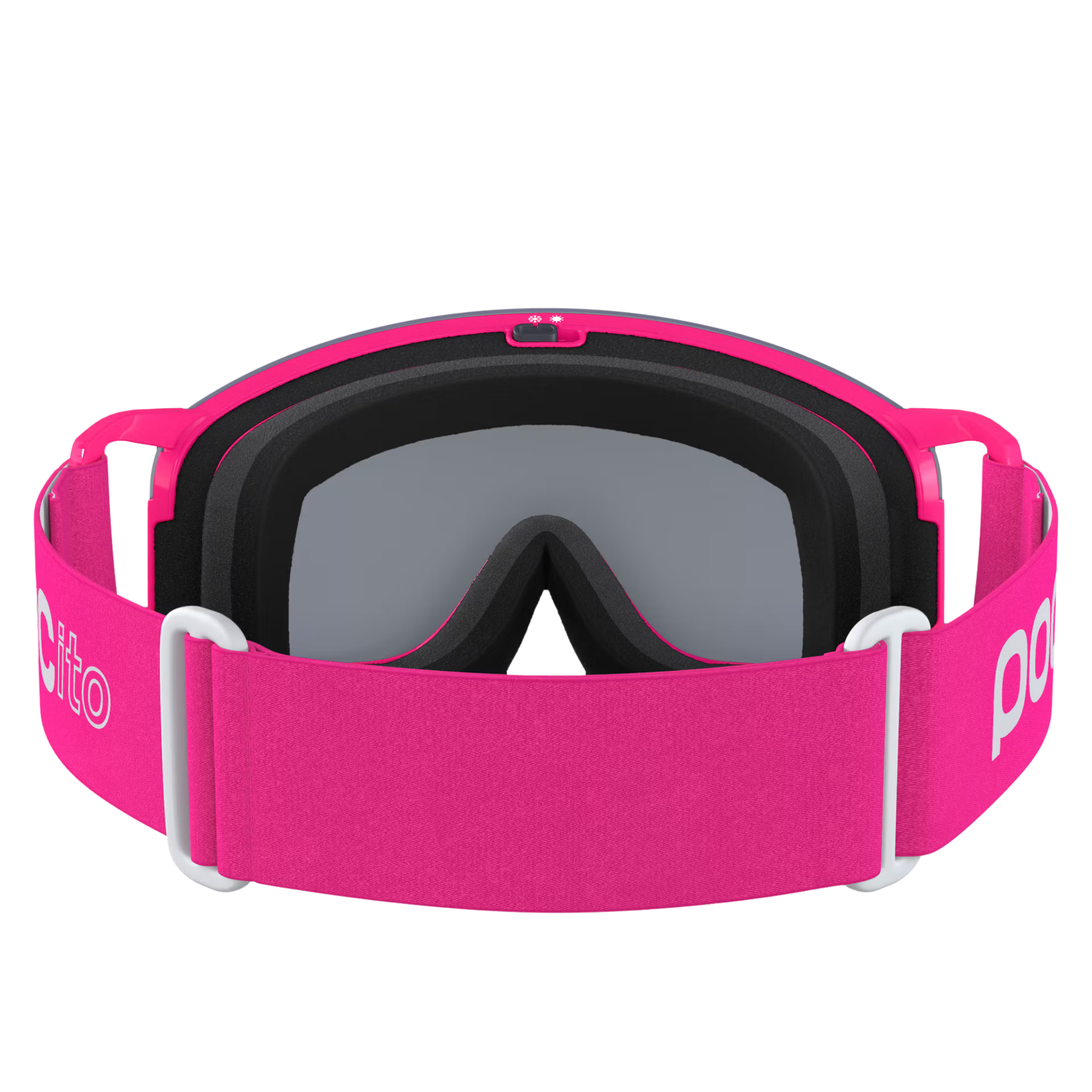 Rear view of POCito Nexal Fluorescent kids ski goggles with adjustable strap, triple-layer face foam and flexible frame