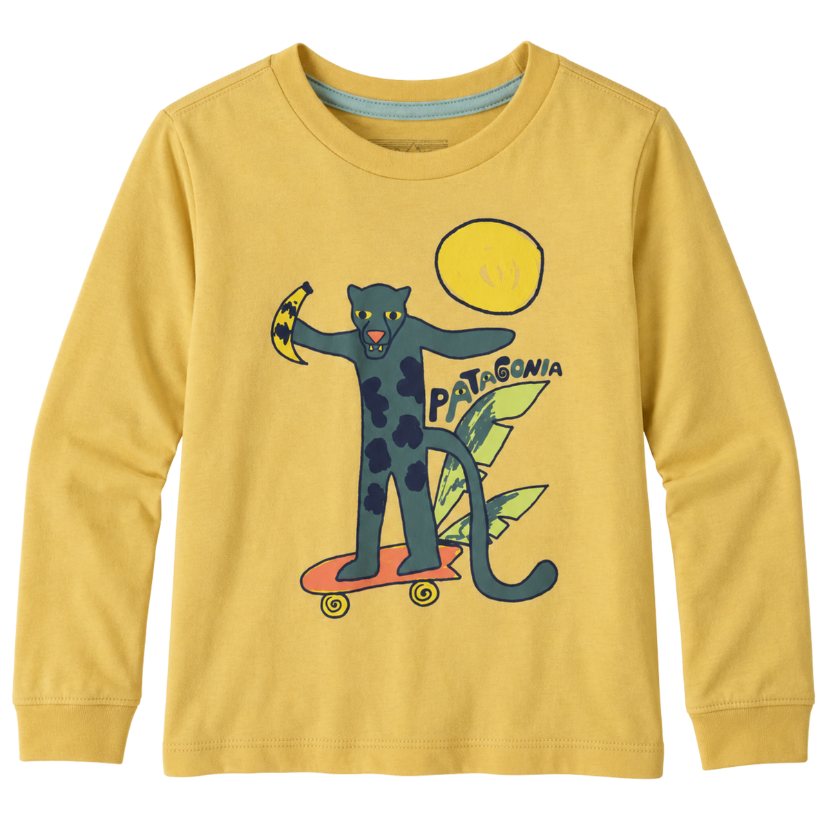 Patagonia Baby Long-Sleeved Capilene Silkweight T-Shirt in Jaguar Boogie: Limestone Yellow design with 40+ UPF protection, quick-drying 84% recycled polyester and 16% spandex fabric