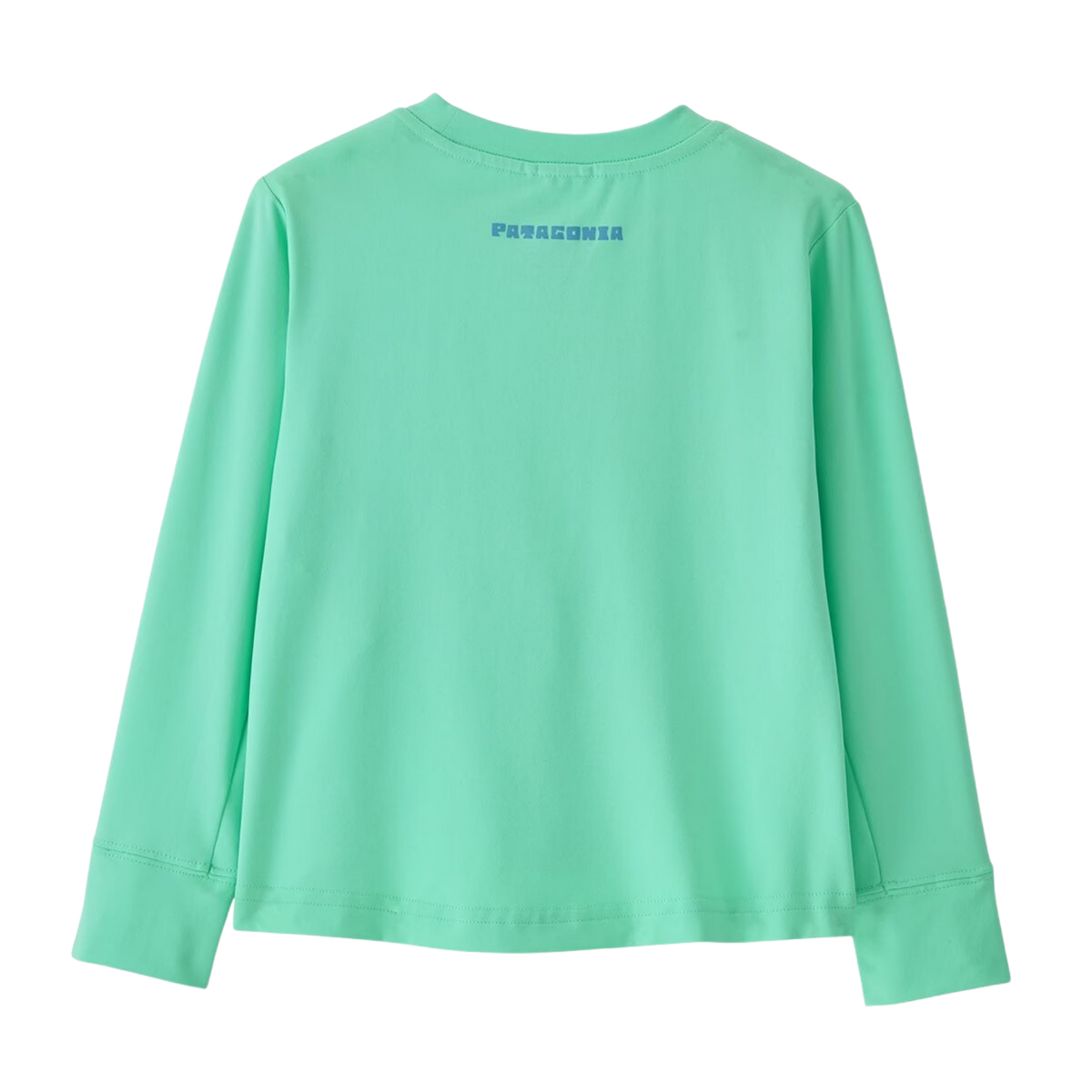Rear view of Patagonia Baby Capilene Silkweight T-Shirt in Mother Rays Band: Early Teal design with drop-tail hem and lightweight recycled polyester stretch jersey