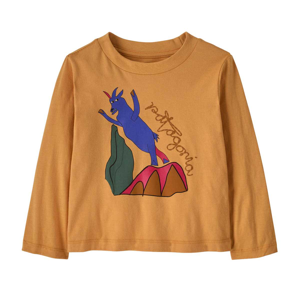 Patagonia Baby Long-Sleeve Graphic T-Shirt in Rope Goats: Dried Mango design made with ringspun 100% organic cotton, crew neckline and soft everyday construction