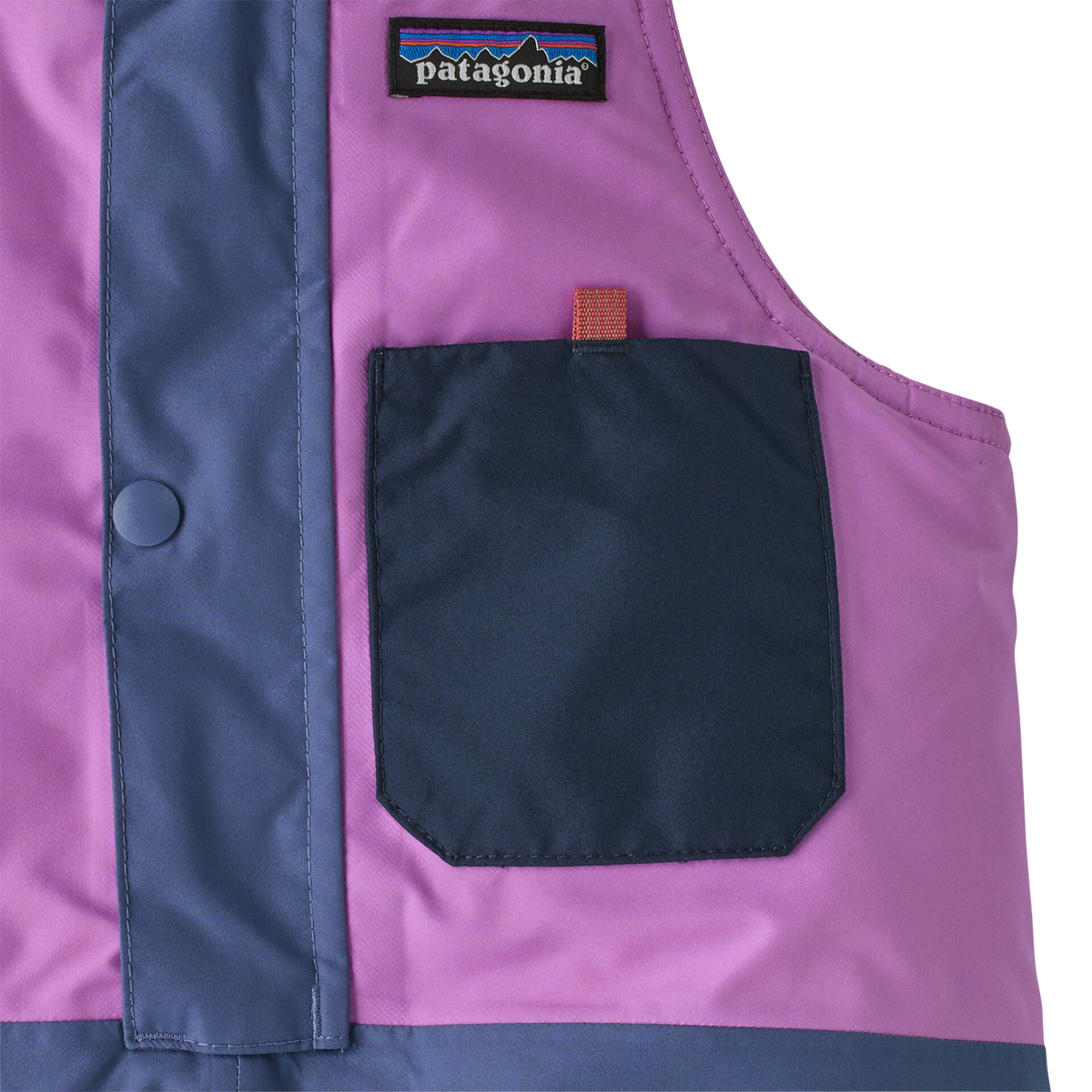 Patagonia Baby Snow Pile Bib Pants drop-in chest pocket with hook-and-loop closure for convenient storage