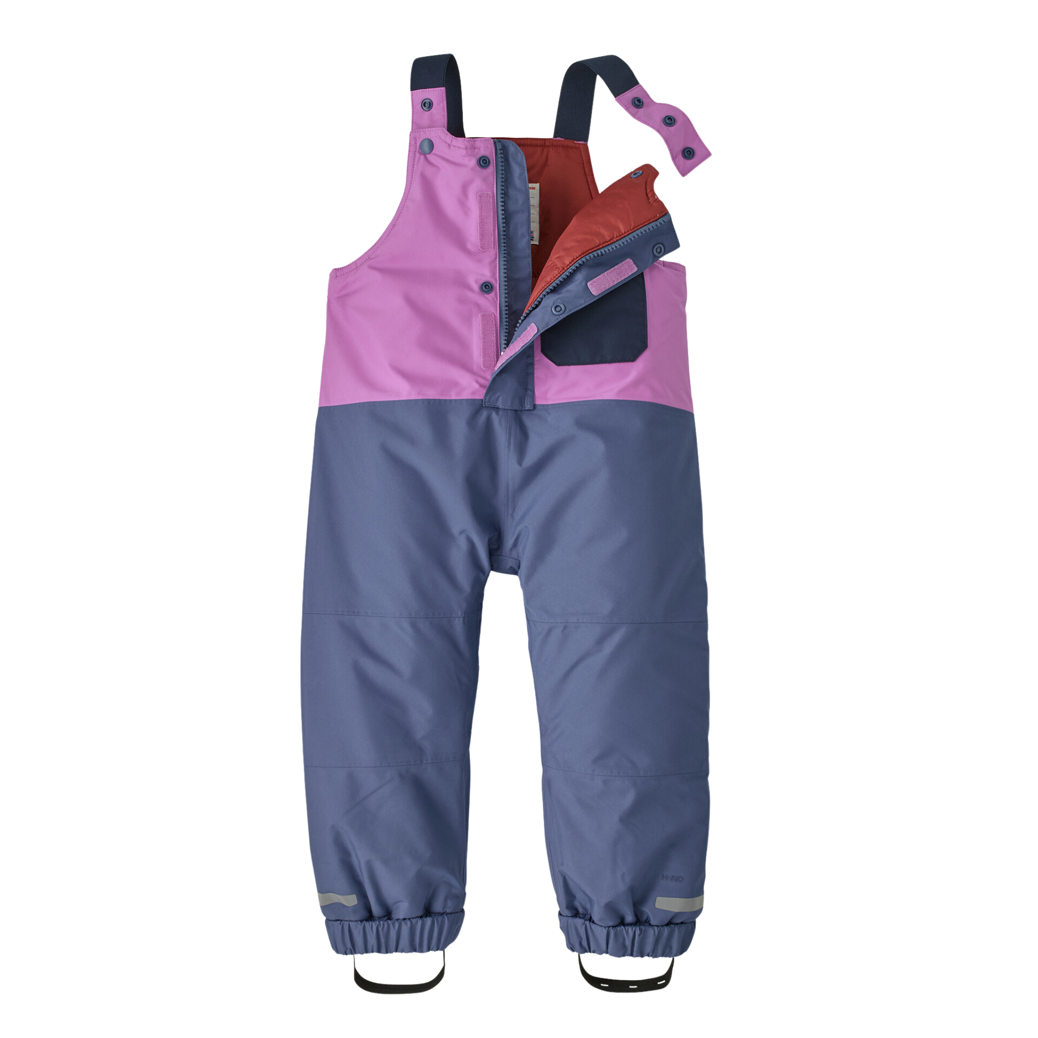 Front view of Patagonia Baby Snow Pile Bib Pants in Brisk Purple with insulated full-coverage bib, adjustable shoulder straps and center-front zipper