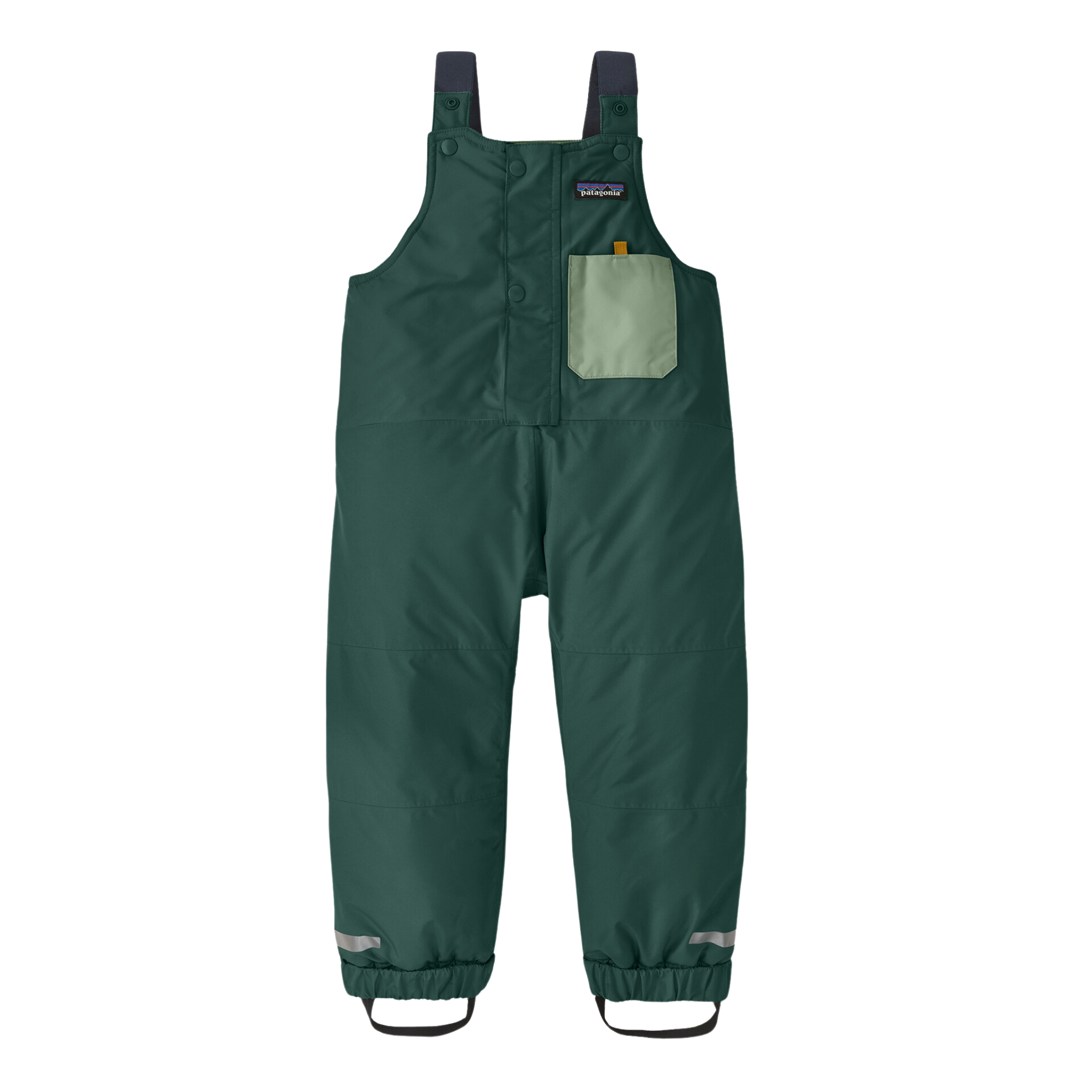 Patagonia Baby Snow Pile Bib Pants in Cascade Green with H2No waterproof protection, 100g Thermogreen insulation, Grow-Fit and adjustable boot straps