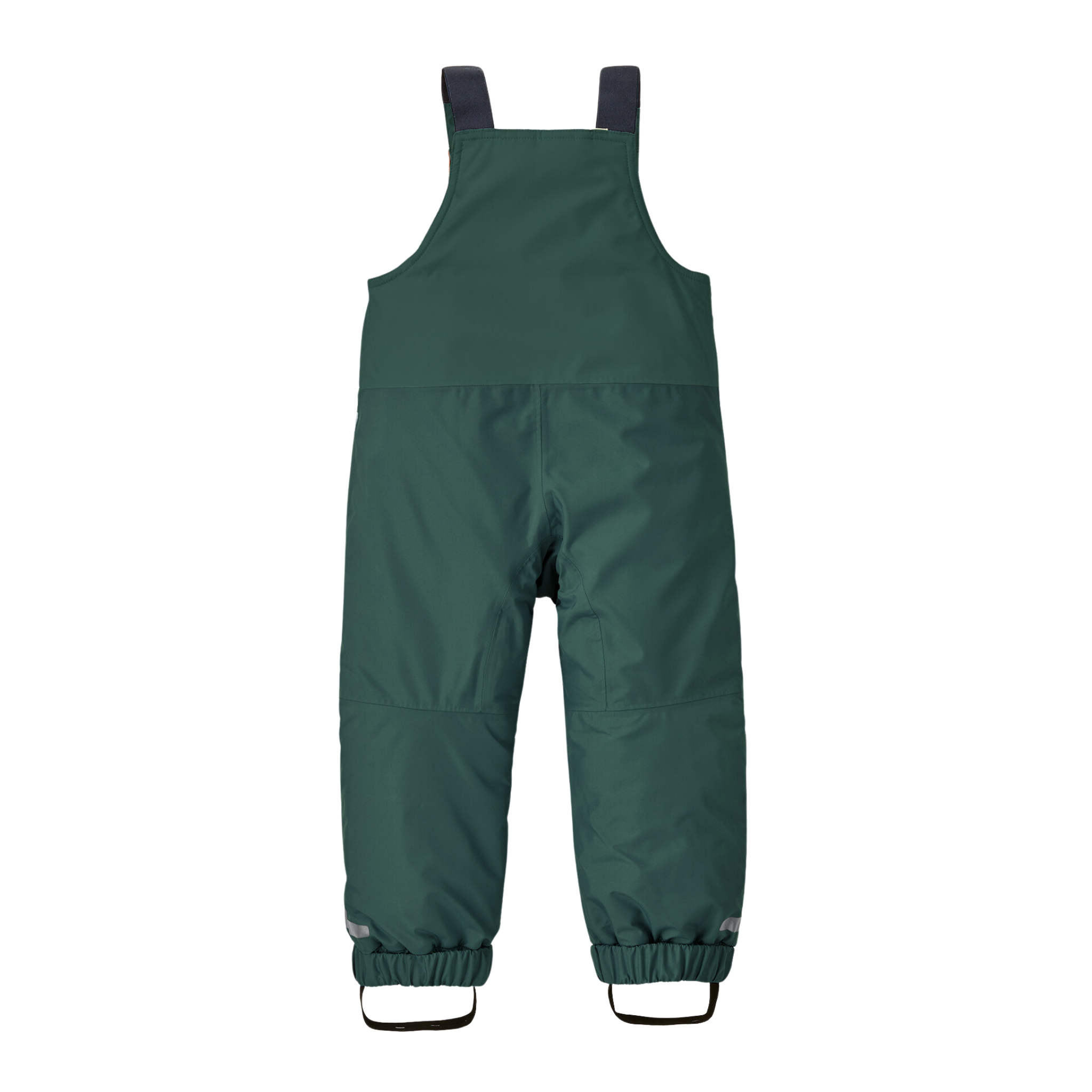 Rear view of Patagonia Baby Snow Pile Bib Pants in Cascade Green with full insulated coverage, adjustable shoulder straps and waterproof shell