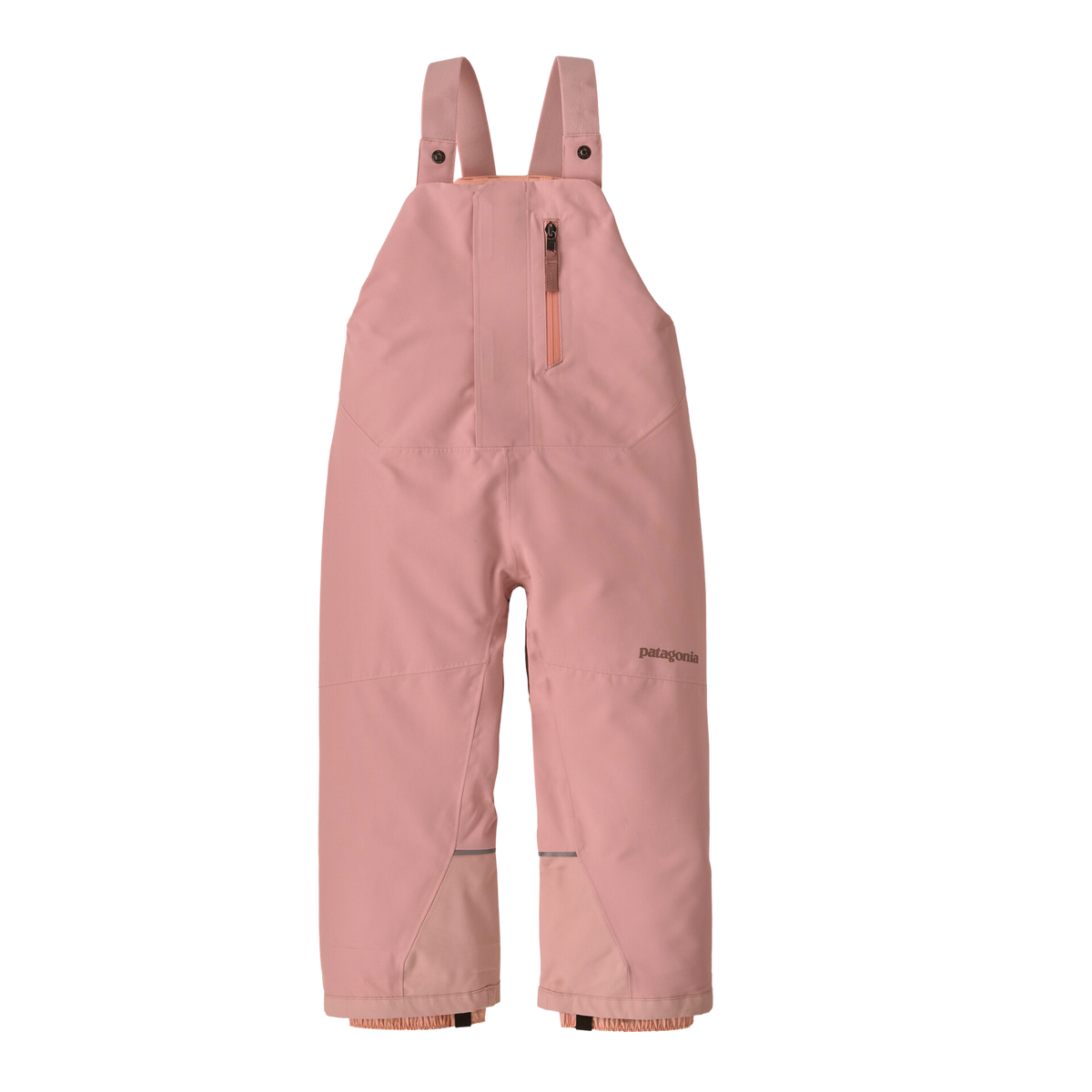 Patagonia Baby Snow Pile Bibs in Fuzzy Mauve with H2No waterproof protection, 100-g Thermogreen recycled insulation, Grow-Fit legs and snow gaiters