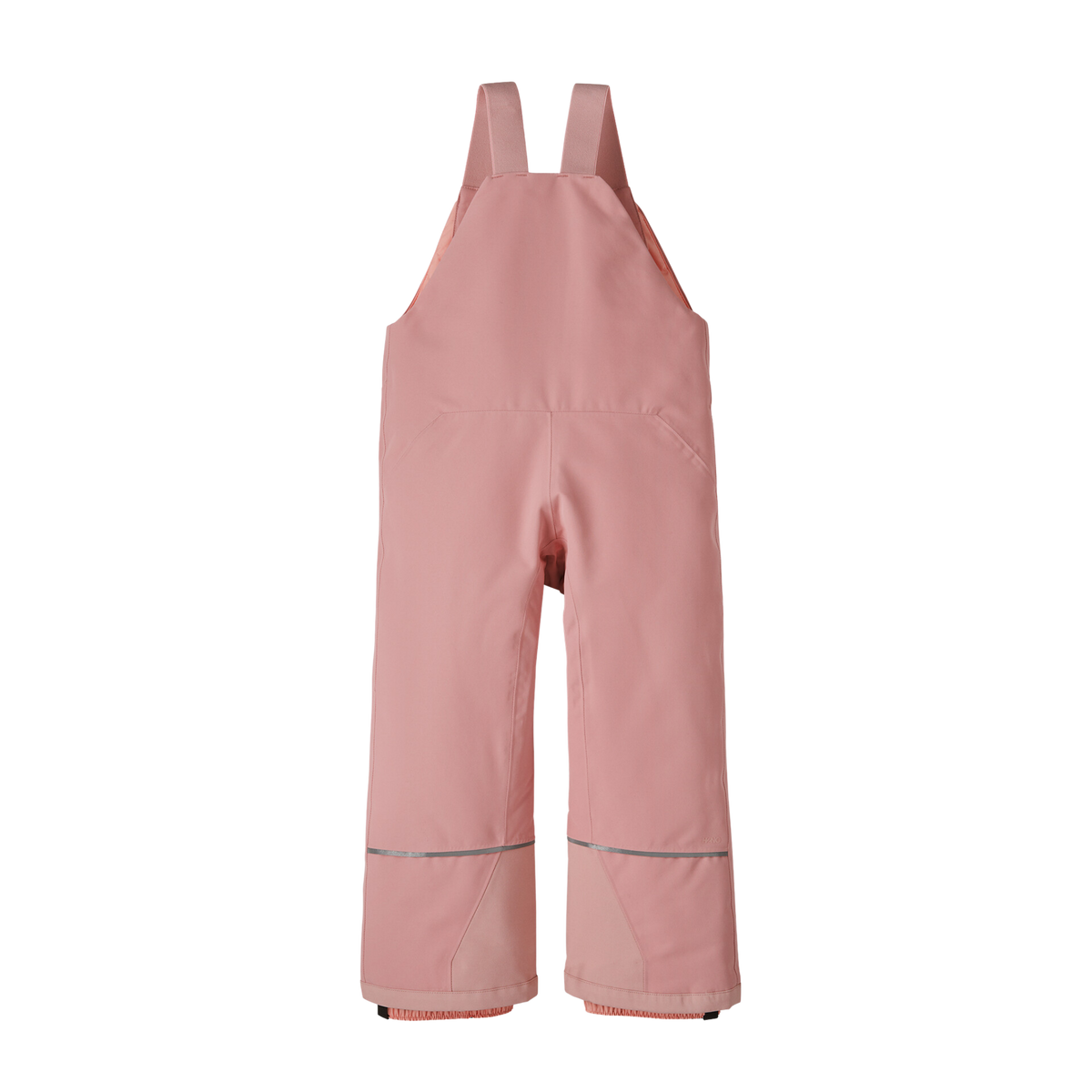 Rear view of Patagonia Baby Snow Pile Bibs in Fuzzy Mauve with high-back coverage, adjustable straps and reflective tape for added visibility