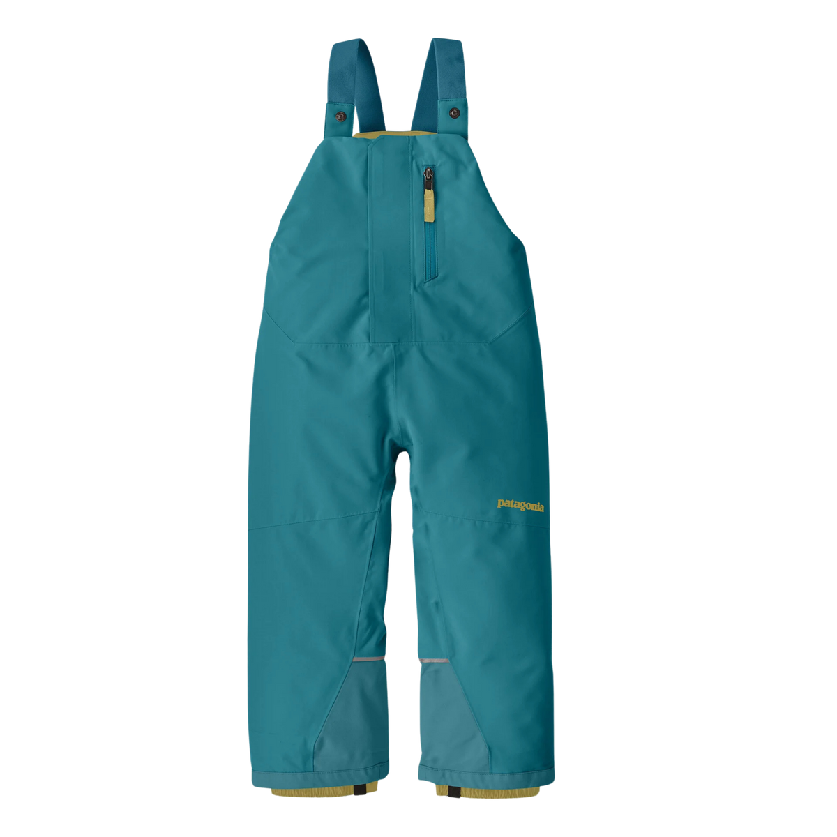 Patagonia Baby Snow Pile Bibs in Glacial Blue with H2No waterproof protection, 100-g Thermogreen recycled insulation, Grow-Fit legs and snow gaiters