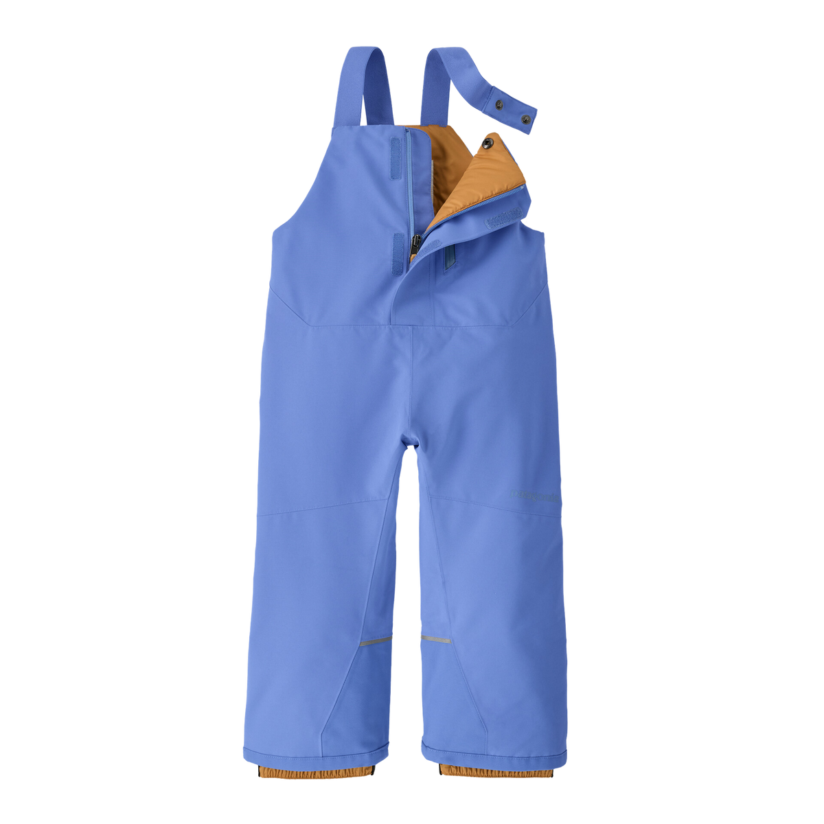 Patagonia Baby Snow Pile Bibs center-front zipper with external hook-and-loop storm flap, internal wind flap and webbing zipper pull