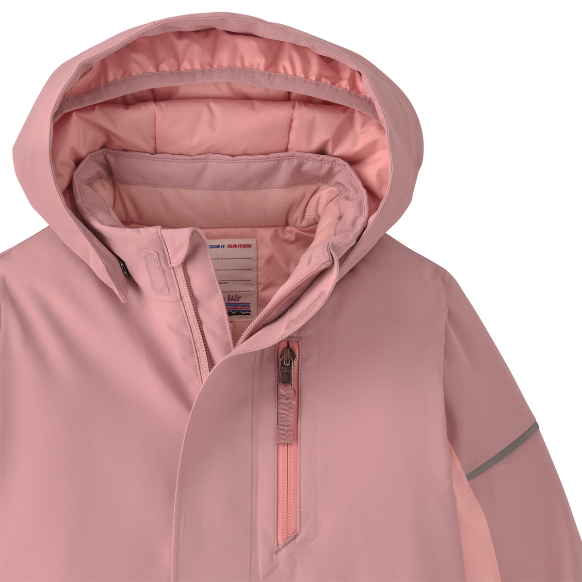 Patagonia Baby Snow Pile One-Piece removable three-panel hood with internal gasket designed for a close protective winter fit