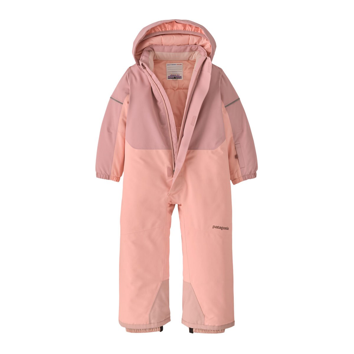 Patagonia Baby Snow Pile One-Piece front zipper with external hook-and-loop storm flap, internal wind flap, zipper garage and webbing pull