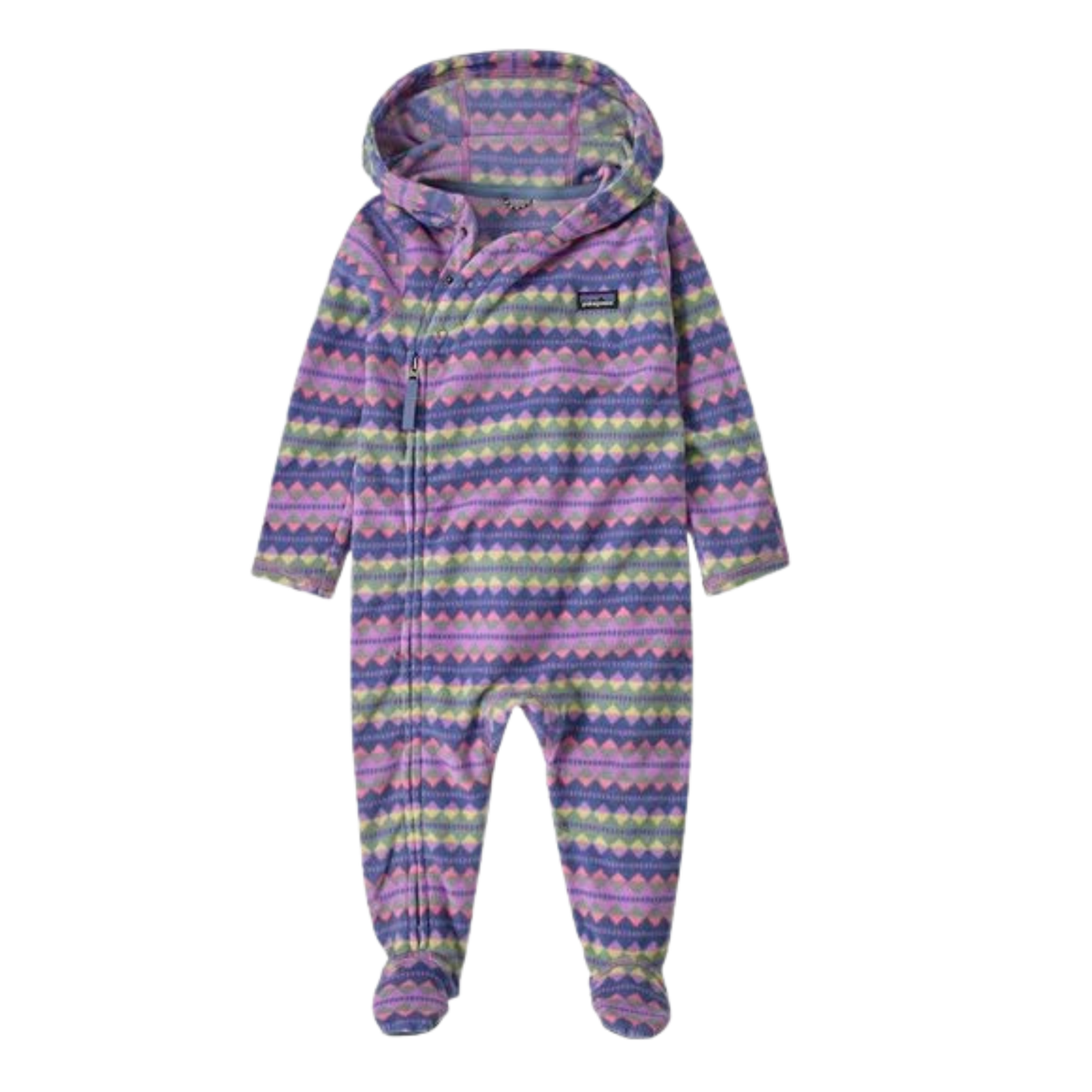 Patagonia Infant Micro D Bunting in Diamond Stripe: Brisk Purple design with 100% recycled polyester microdenier fleece, three-panel hood, covered feet and convertible mitts