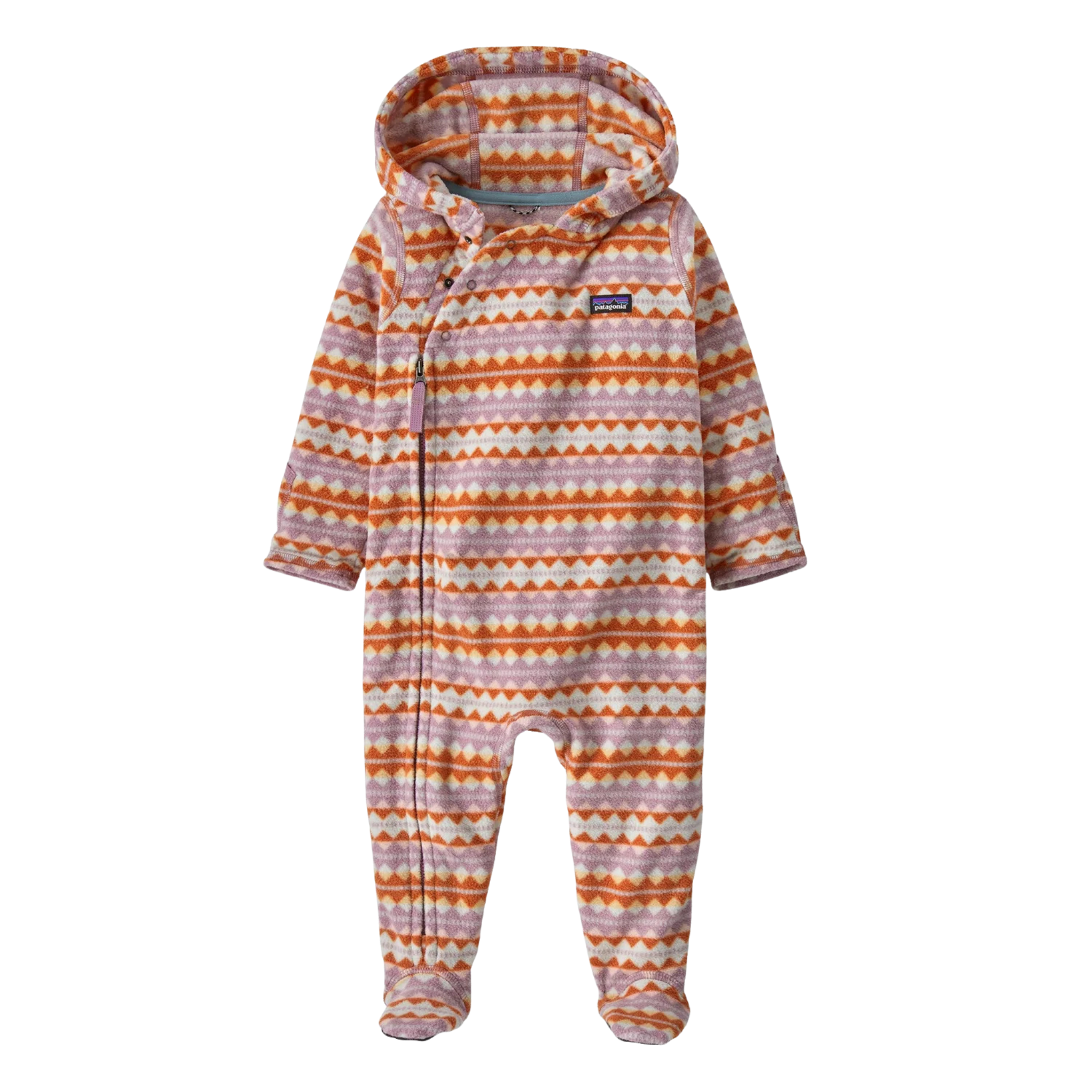 Patagonia Infant Micro D Bunting in Diamond Stripe: Stormy Mauve design with 100% recycled polyester microdenier fleece, three-panel hood, covered feet and convertible mitts