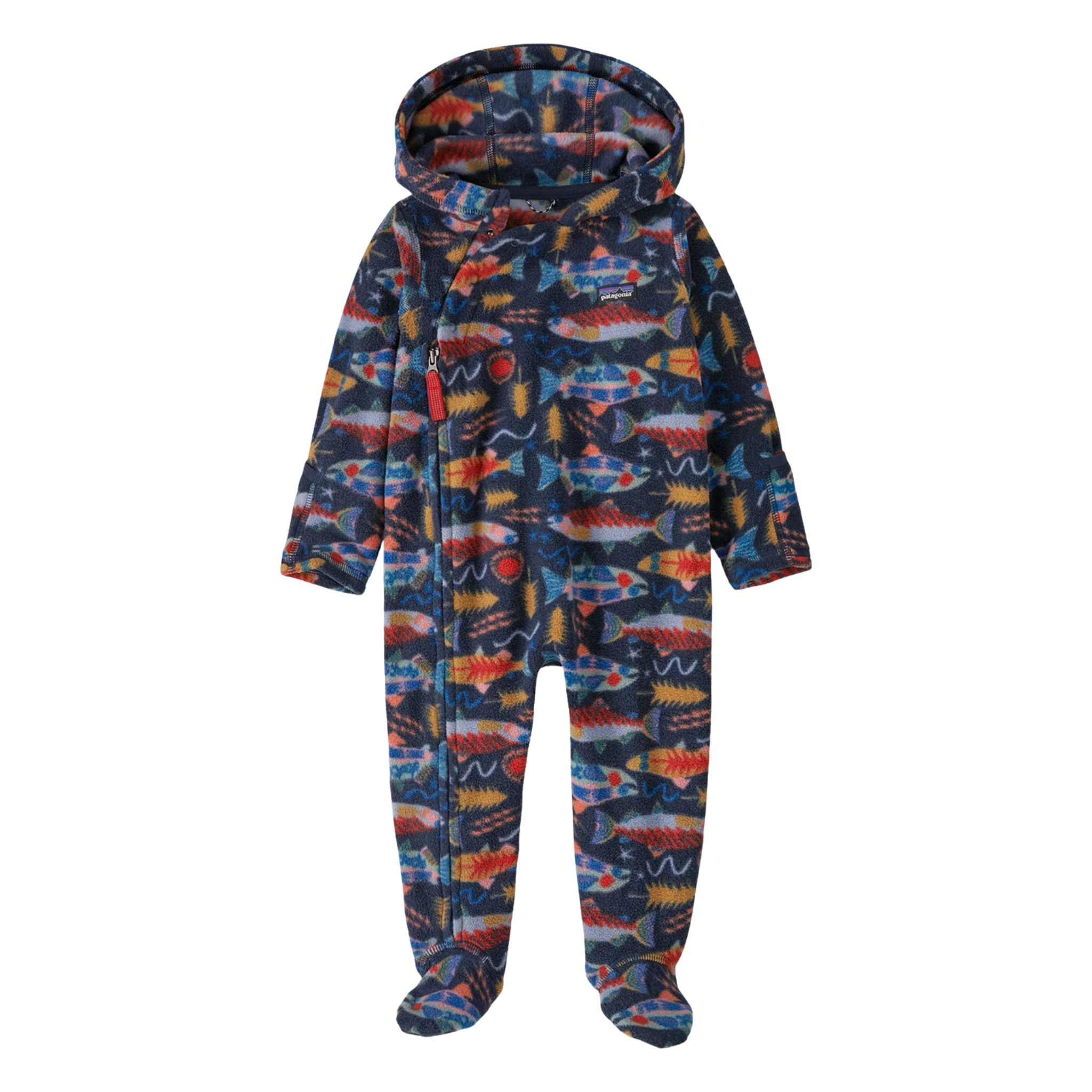 Patagonia Infant Micro D Bunting in Salmon Energry: New Navy design with 100% recycled polyester microdenier fleece, three-panel hood, covered feet and convertible mitts