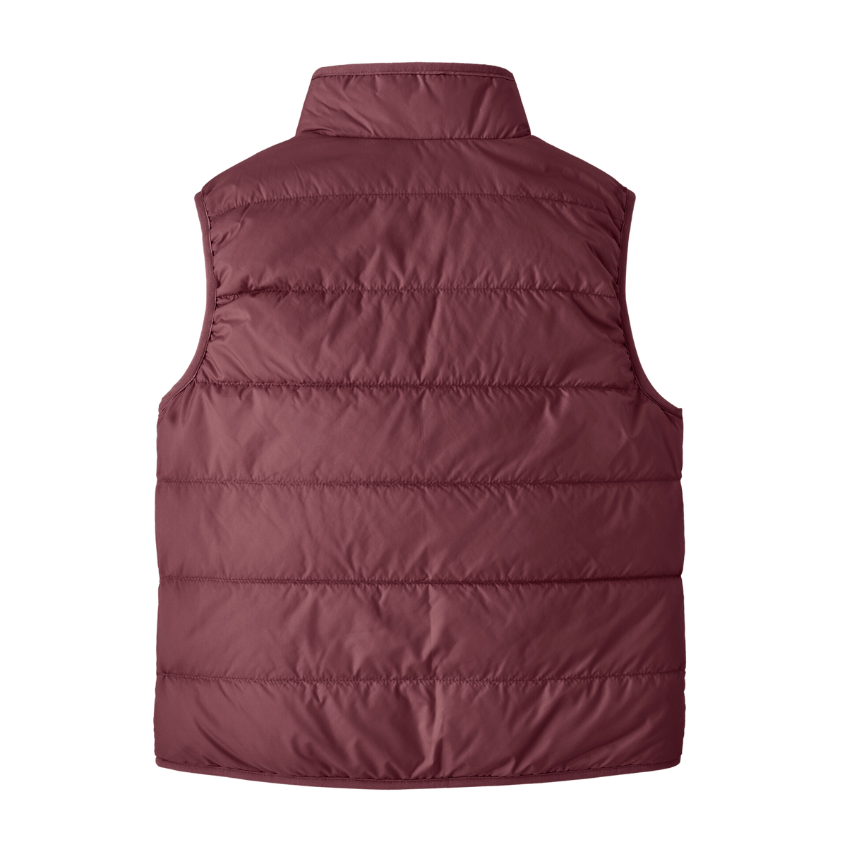 Rear view of Patagonia Kids Reversible Ready Freddy Vest in Berry Fig with water-resistant 100% recycled polyester taffeta shell