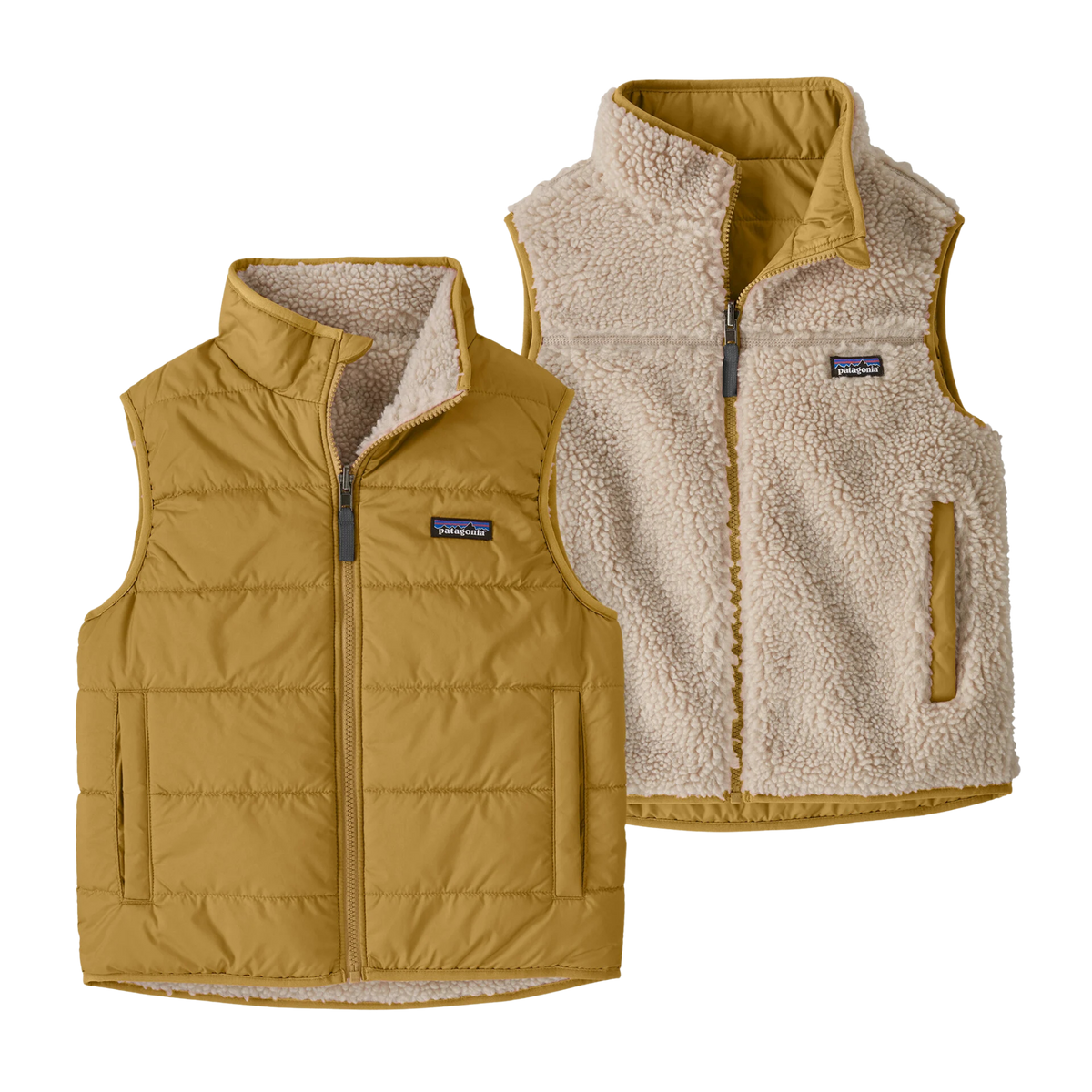 Patagonia Kids Reversible Ready Freddy Vest in Lynx Tan with water-resistant quilted shell, recycled fleece reverse and 60-g Thermogreen insulation