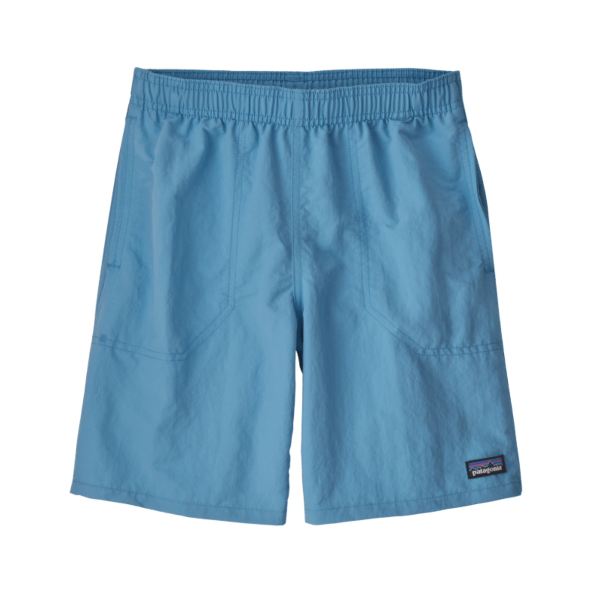 Patagonia Kids Baggies Shorts 7 inch lined in Lago Blue with NetPlus recycled nylon, quick-drying mesh liner and elastic drawcord waist