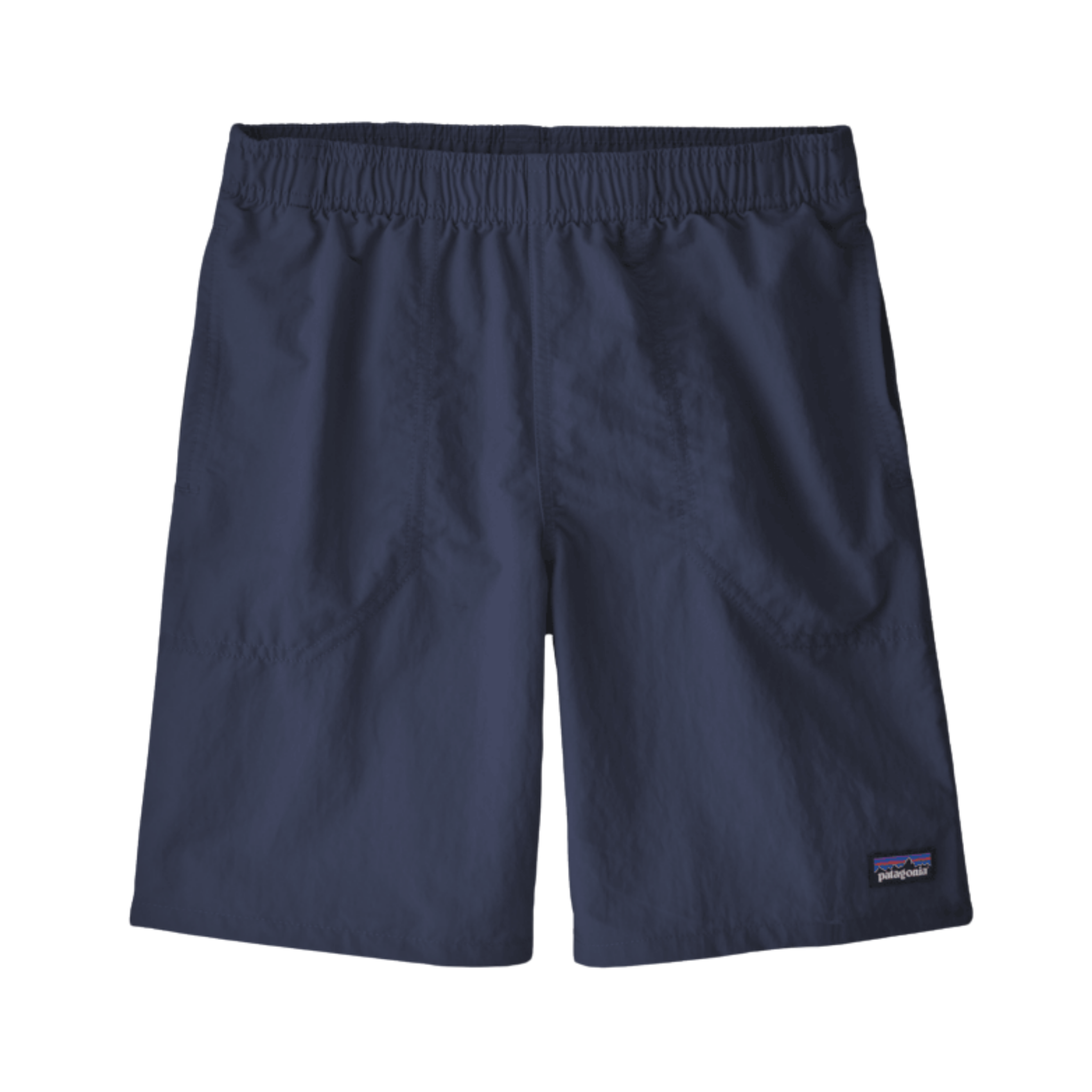 Patagonia Kids Baggies Shorts 7 inch lined in New Navy with NetPlus recycled nylon, quick-drying mesh liner and elastic drawcord waist