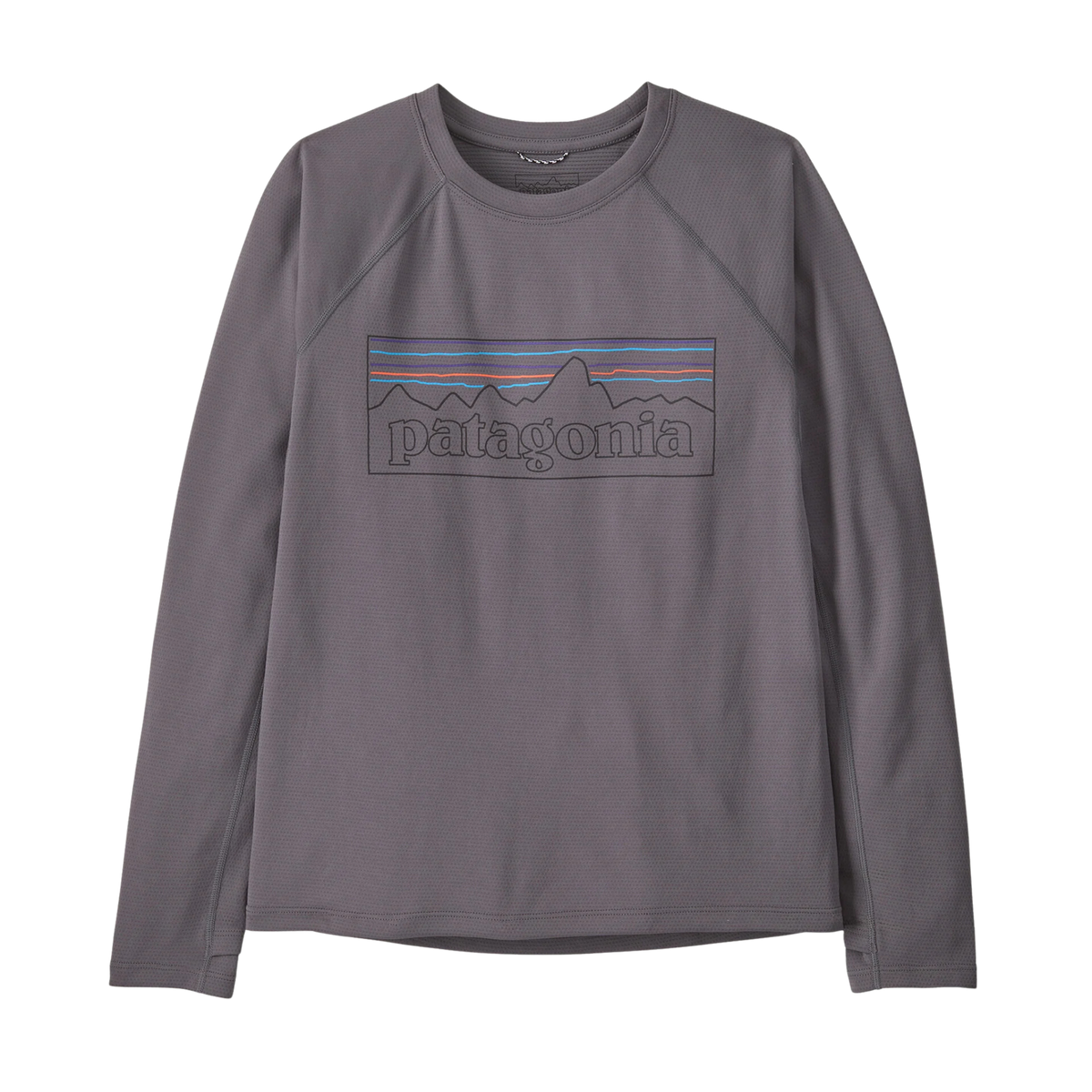 Patagonia Kids Capilene Midweight Crew baselayer in P-6 Outline: May Grey with 100% recycled polyester, moisture-wicking fabric, flatlock seams and thumb holes